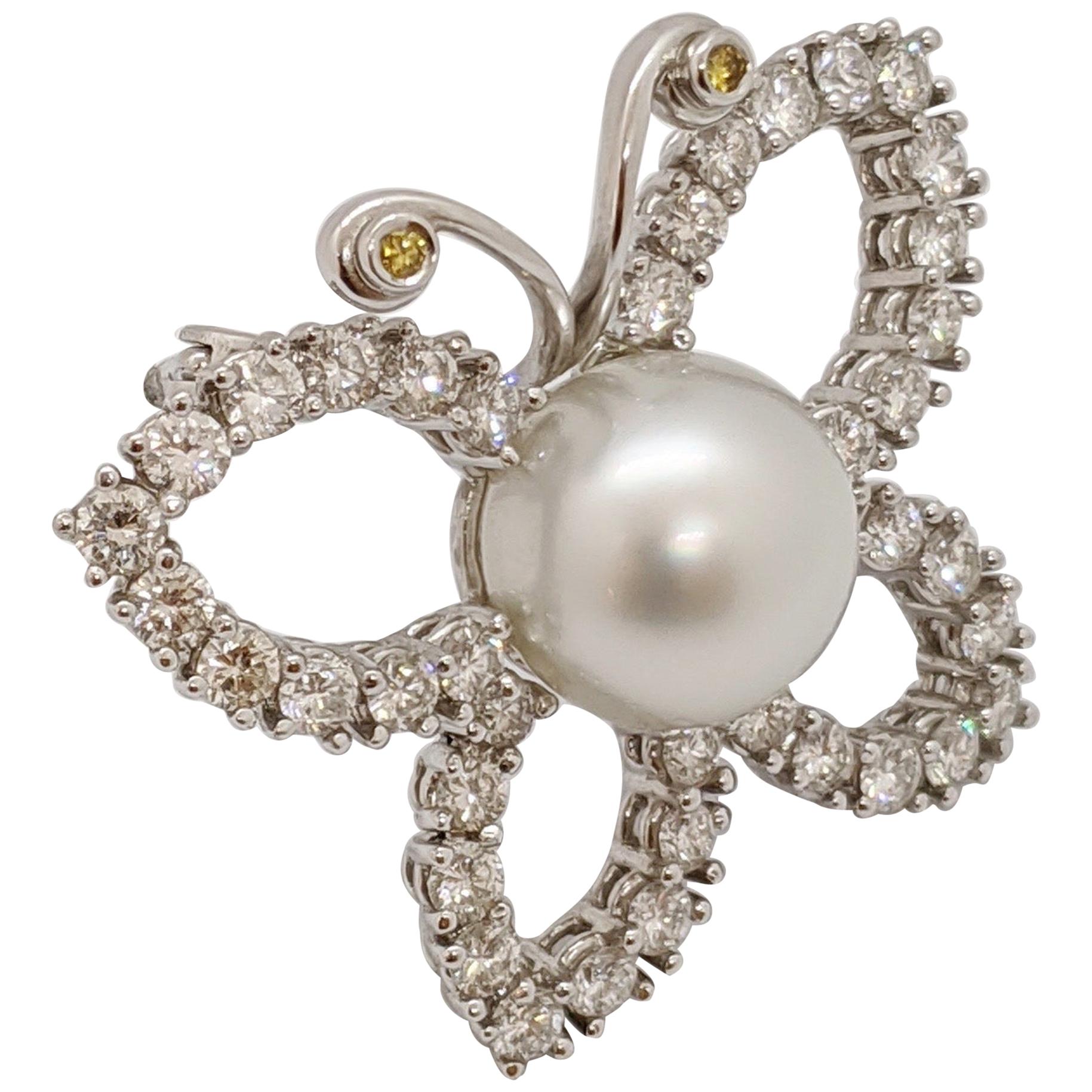Platinum and 2.29 Carat Diamond Butterfly Brooch with South Sea Pearl Center For Sale