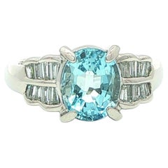 Platinum 2.29ctw Oval Aquamarine & Baguette Channel Set Diamond Sides Ring
