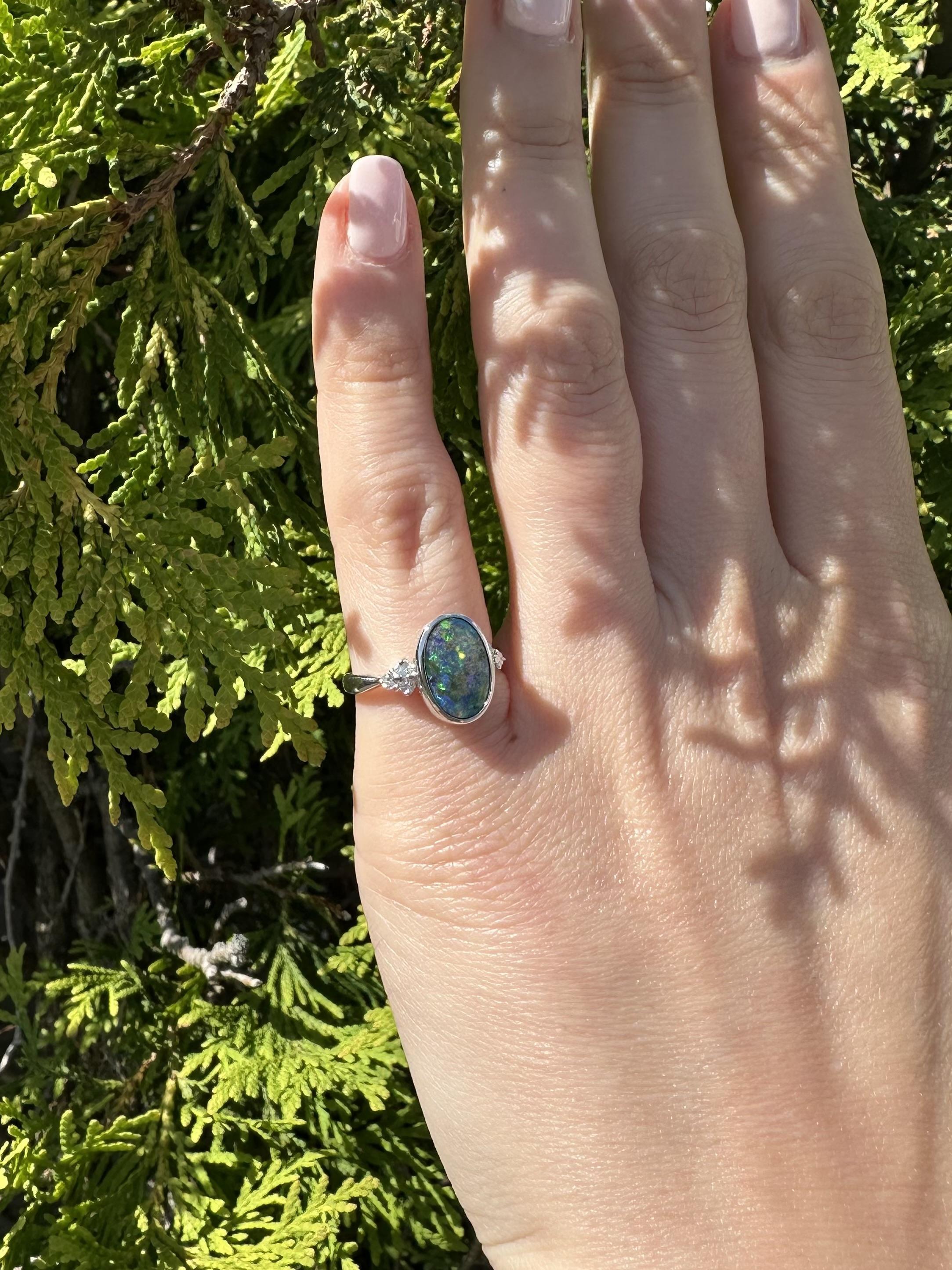 Platinum 2.29ctw Oval Bezel Boulder Opal w/ Diamond Cluster Accents Modern Ring For Sale 6