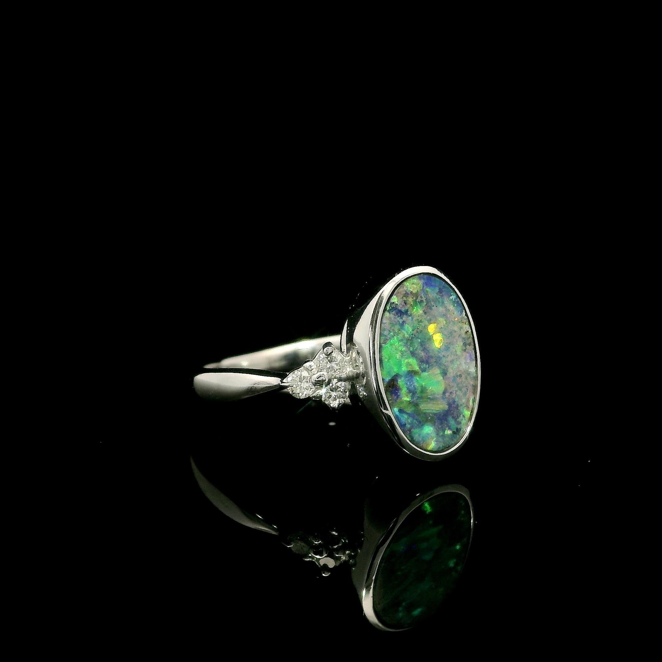 Platinum 2.29ctw Oval Bezel Boulder Opal w/ Diamond Cluster Accents Modern Ring For Sale 7