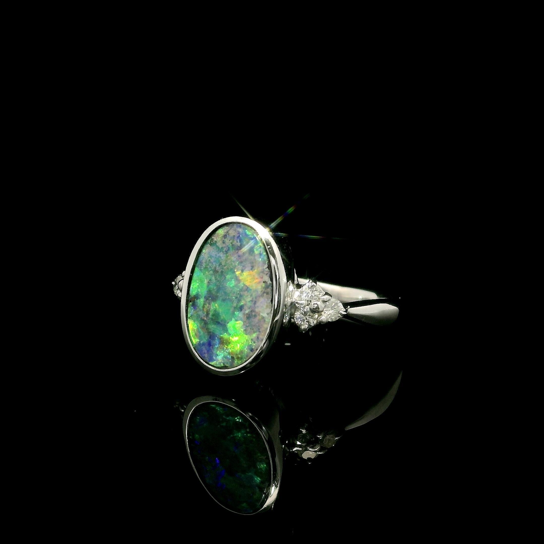 Platinum 2.29ctw Oval Bezel Boulder Opal w/ Diamond Cluster Accents Modern Ring For Sale 8