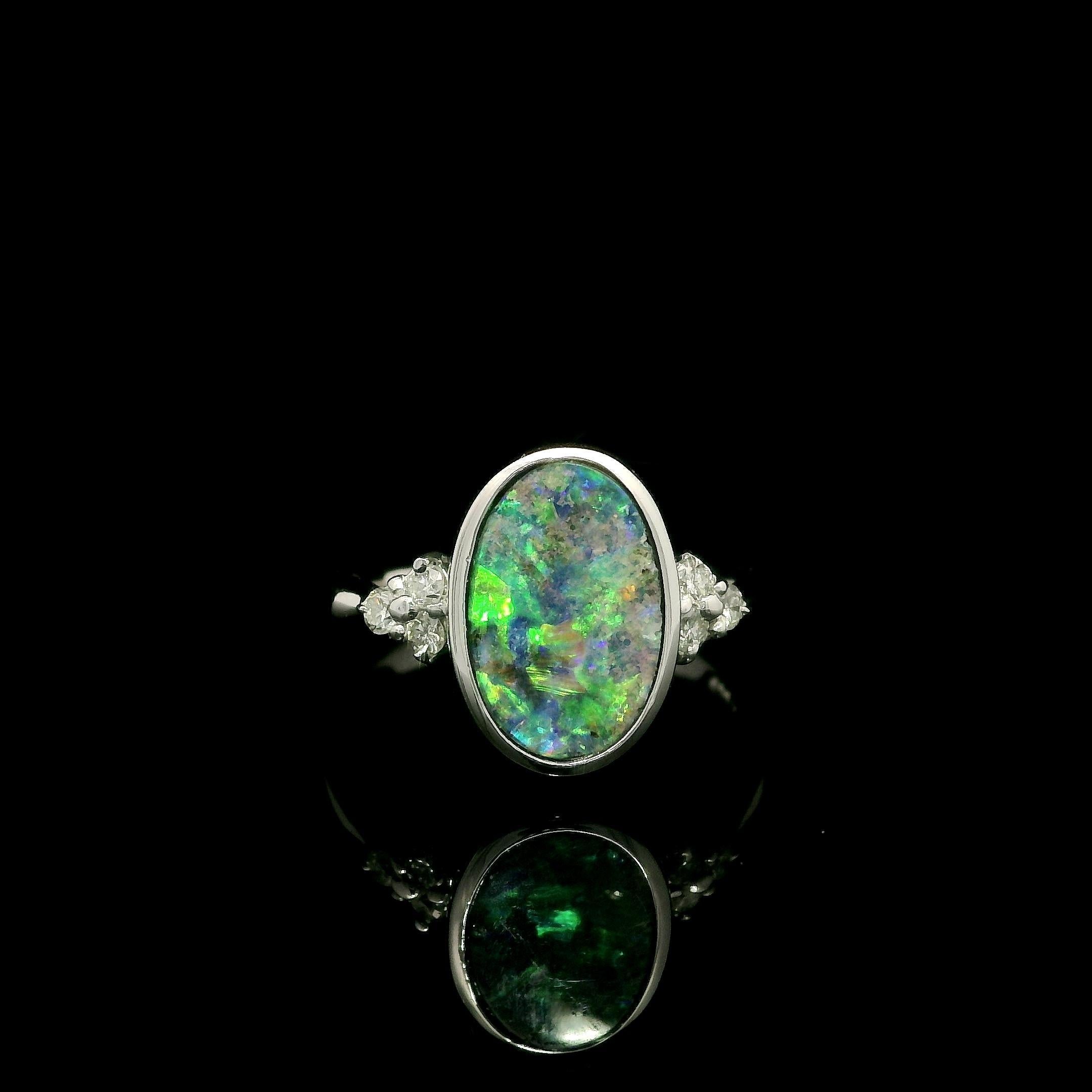 Platinum 2.29ctw Oval Bezel Boulder Opal w/ Diamond Cluster Accents Modern Ring For Sale 11
