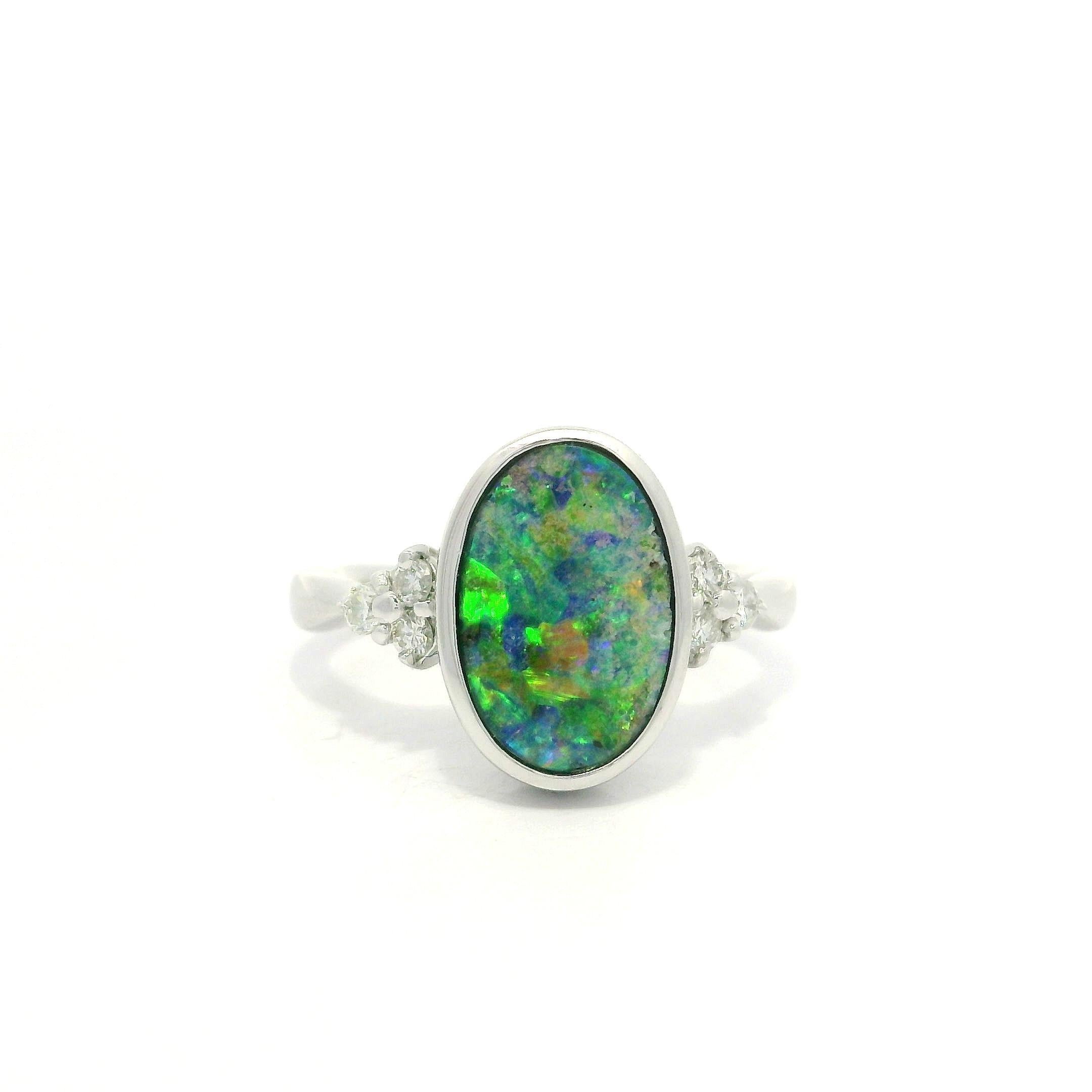 Platinum 2.29ctw Oval Bezel Boulder Opal w/ Diamond Cluster Accents Modern Ring For Sale 12