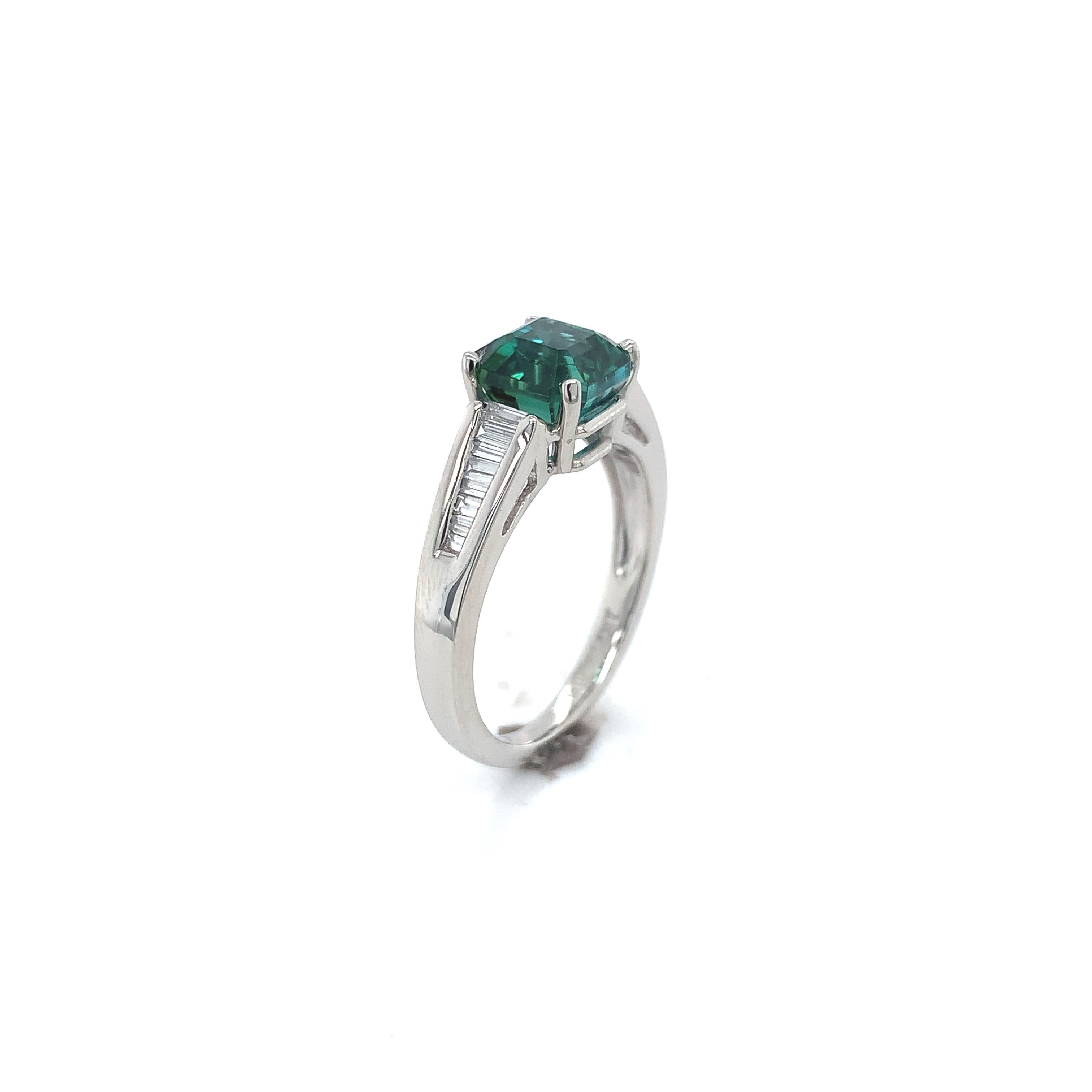 Asscher Cut Platinum 2.30 carat Green Tourmaline and Diamond Baguette Ring For Sale