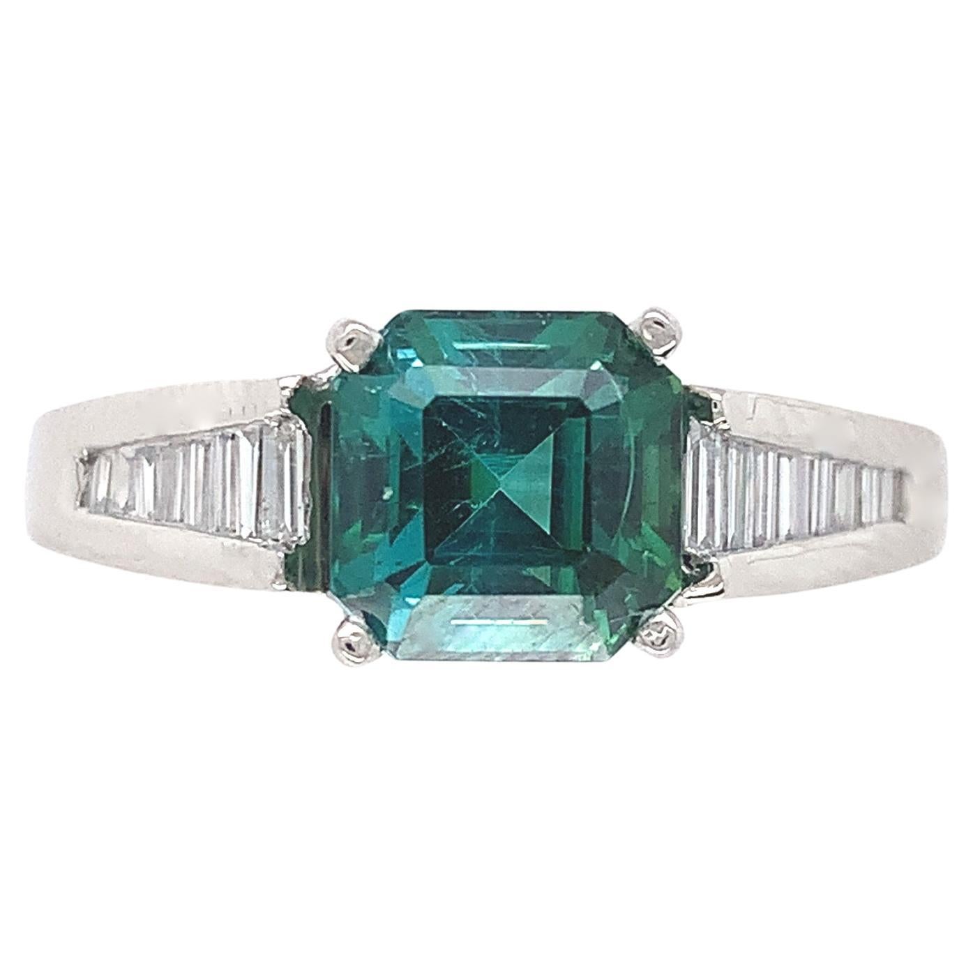 Platinum 2.30 carat Green Tourmaline and Diamond Baguette Ring For Sale