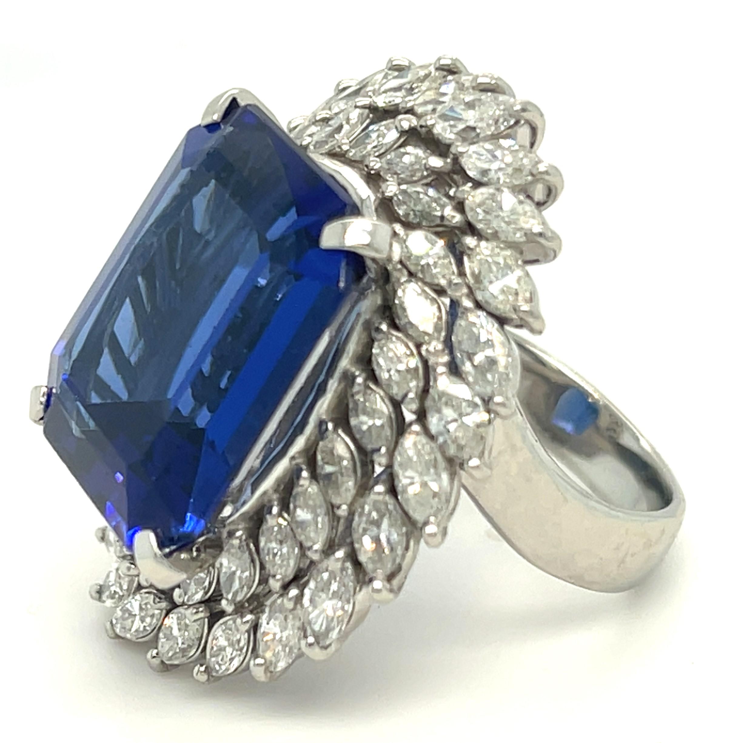 Modern Platinum 23.01 ct Tanzanite Ring w/ 3.76 ct Marquise Diamond Double Bezel Sz 6.5 For Sale