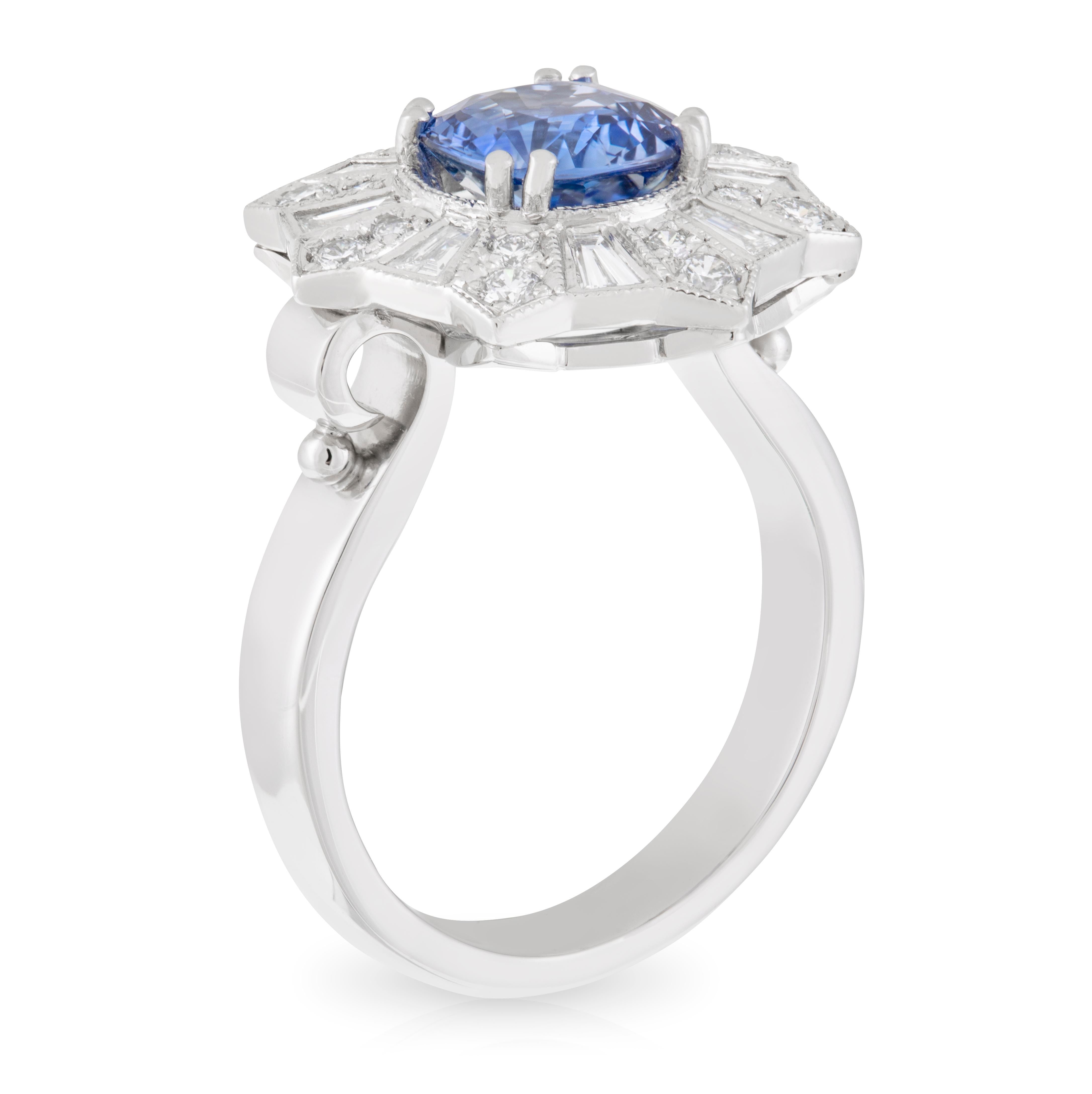 Art Deco Platinum 2.30ct Cushion Ceylon Sapphire Fireworks Diamond Engagement Ring For Sale
