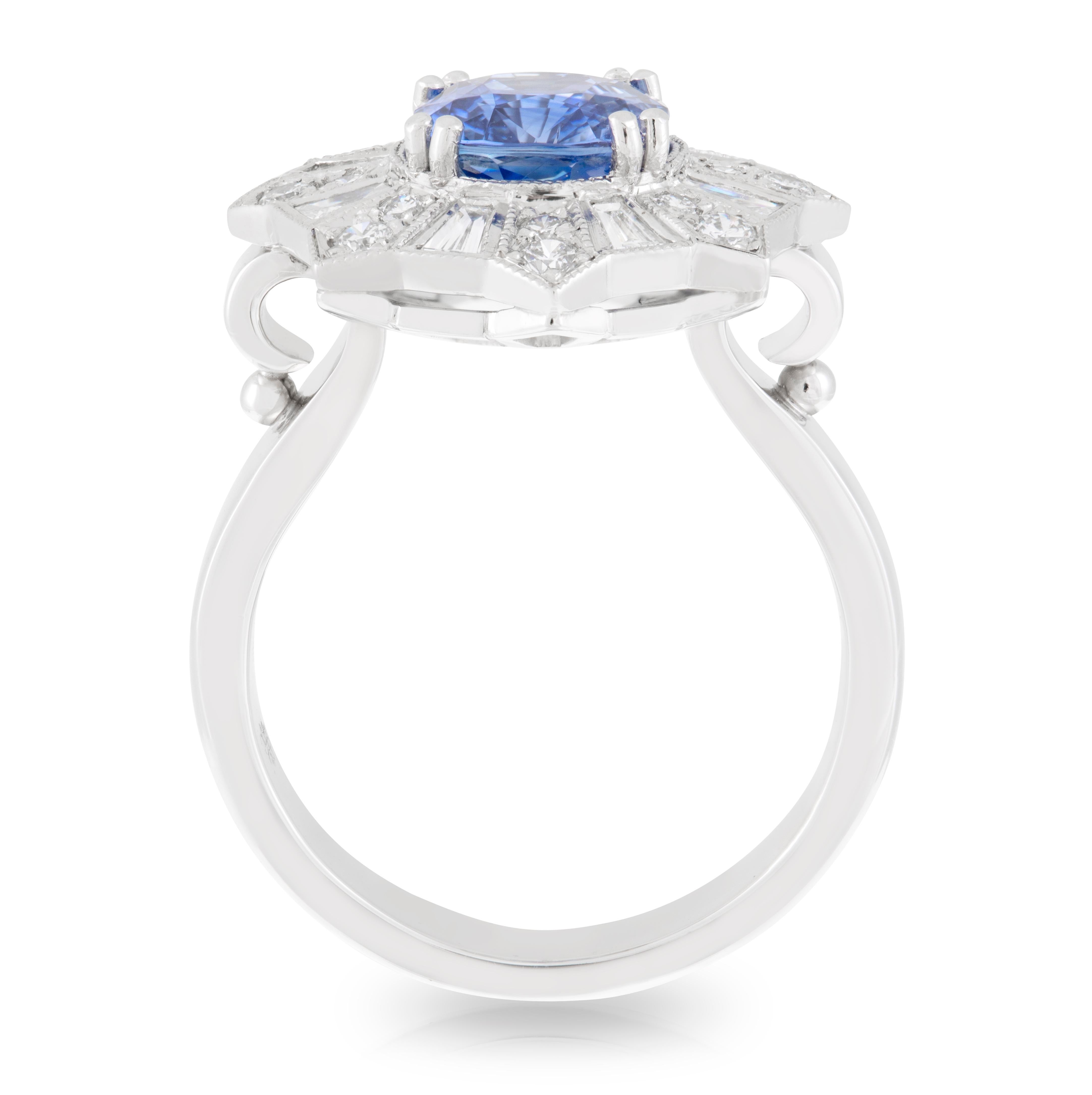 Platinum 2.30ct Cushion Ceylon Sapphire Fireworks Diamond Engagement Ring In New Condition For Sale In Brisbane, QLD