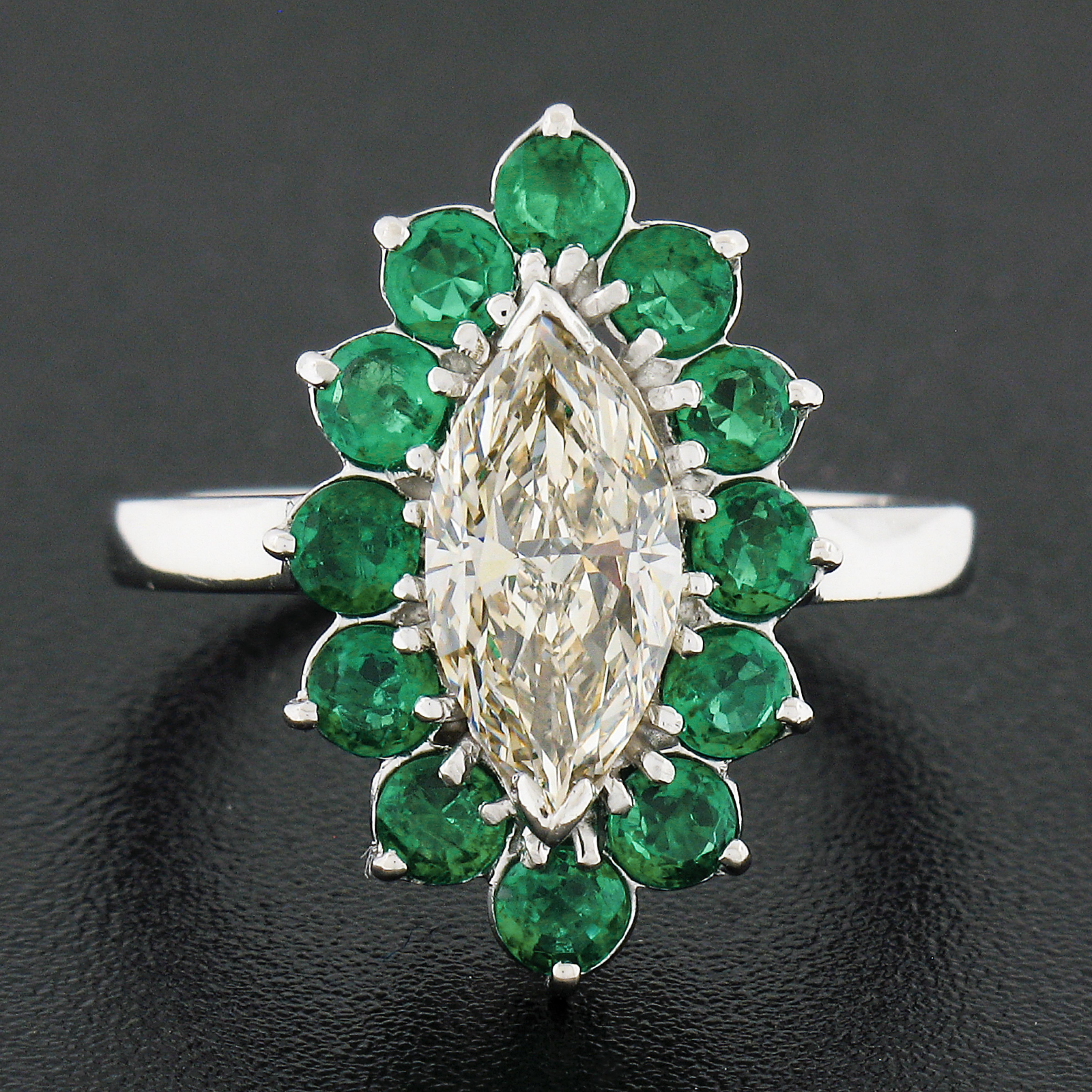 Marquise Cut Platinum 2.30ct Marquise Light Yellow Diamond w/ Vivid Round Emerald Halo Ring For Sale