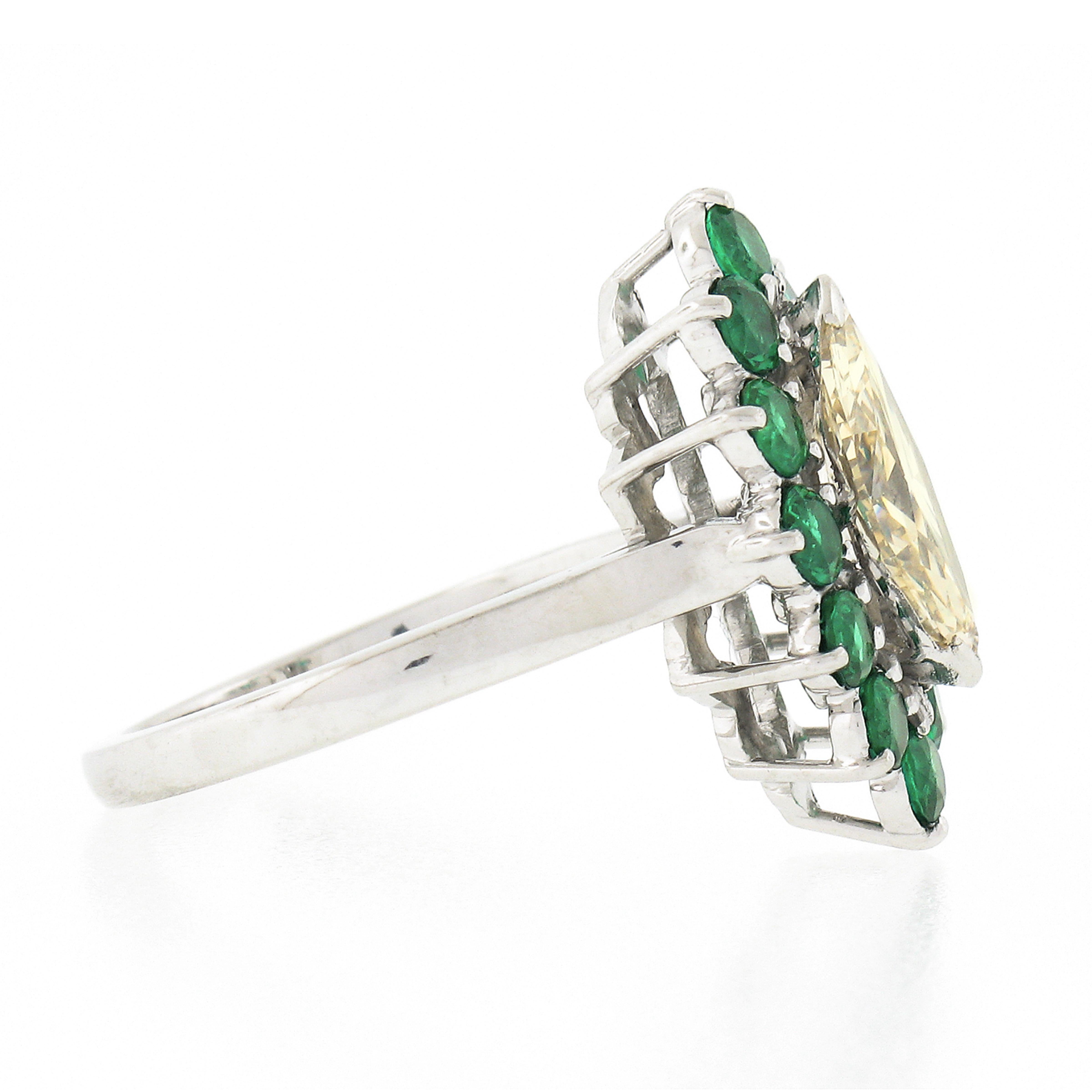 Women's Platinum 2.30ct Marquise Light Yellow Diamond w/ Vivid Round Emerald Halo Ring For Sale