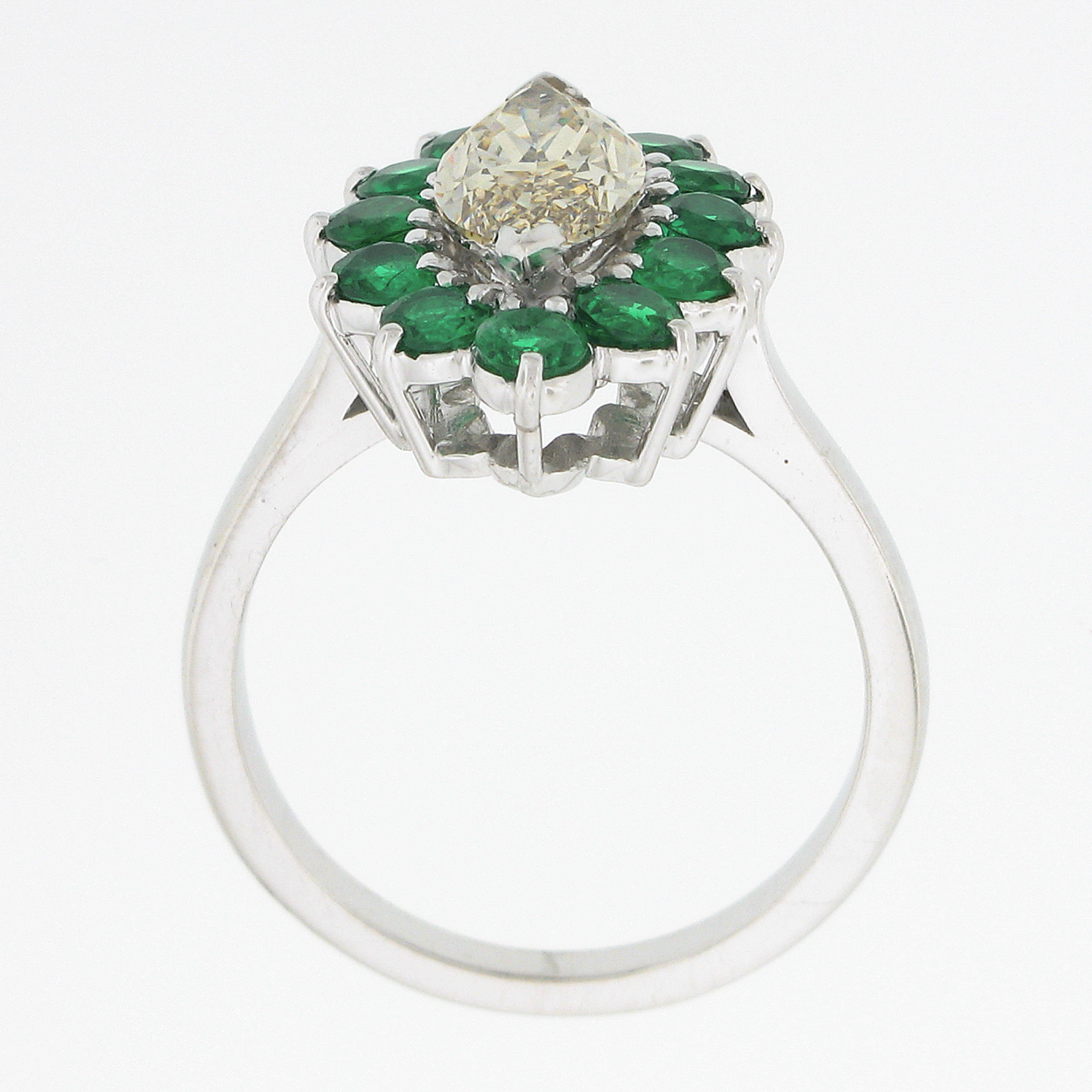 Platinum 2.30ct Marquise Light Yellow Diamond w/ Vivid Round Emerald Halo Ring For Sale 3