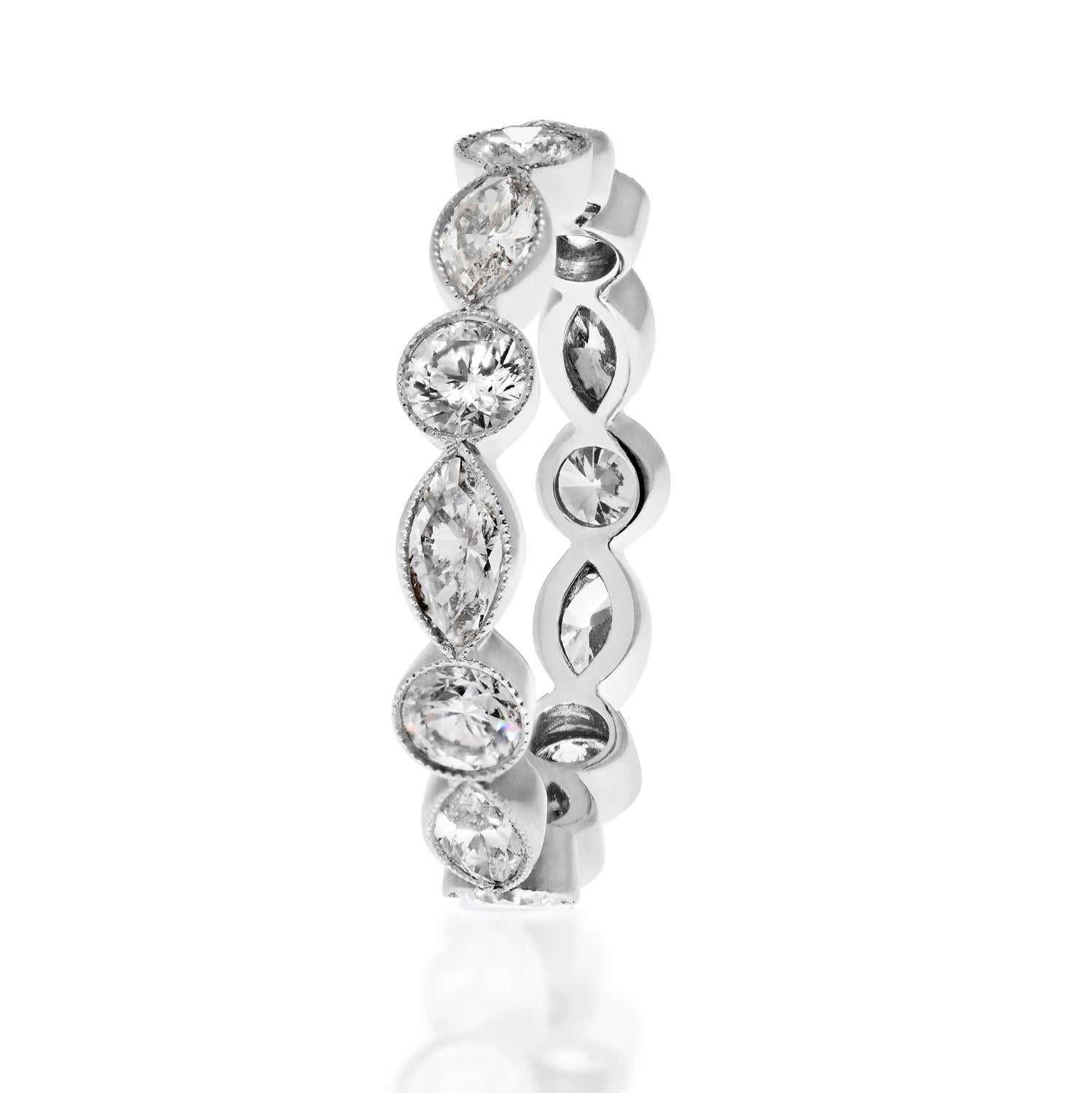 Contemporary Platinum 2.31cttw Bezel Set Round And Marquise Cut Diamond Eternity Ring For Sale