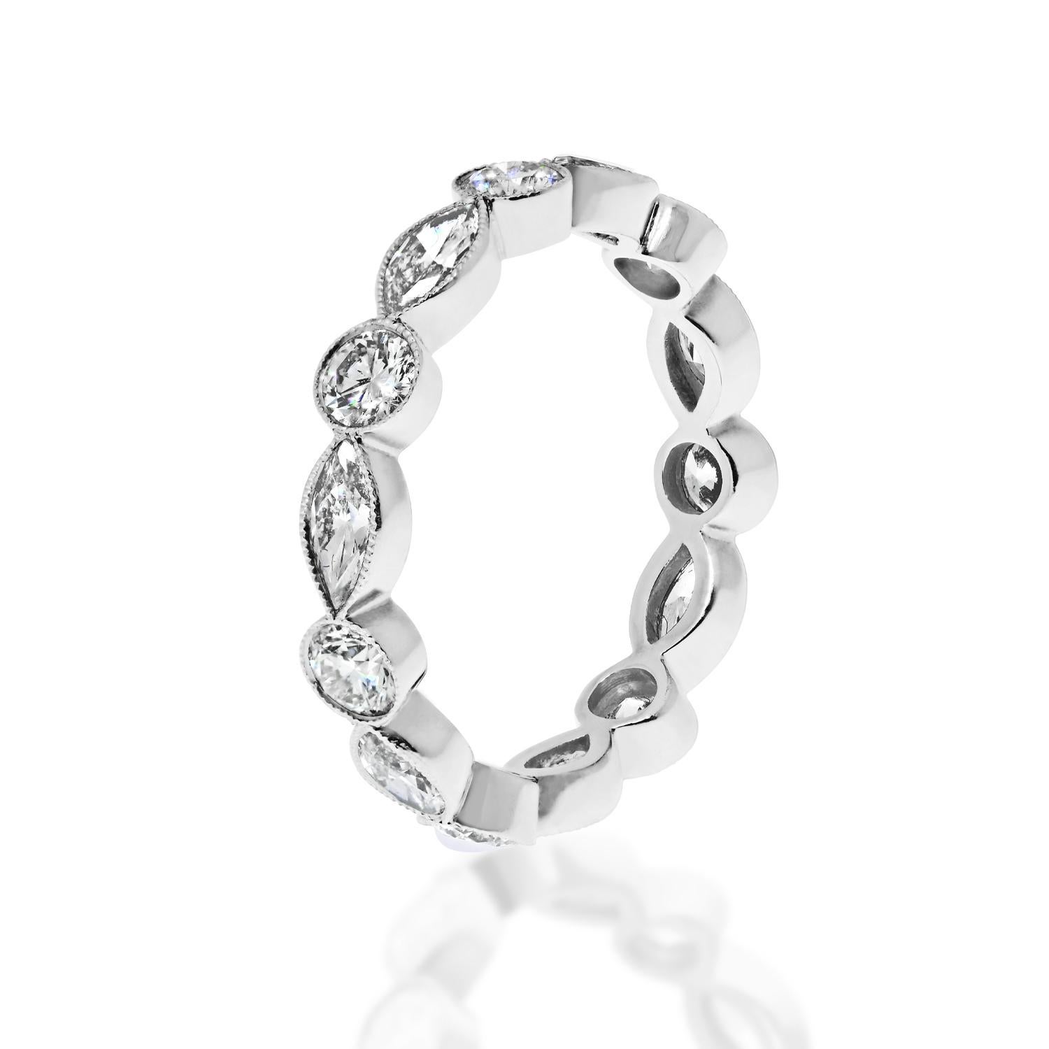 Platinum 2.31cttw Bezel Set Round And Marquise Cut Diamond Eternity Ring In New Condition For Sale In New York, NY