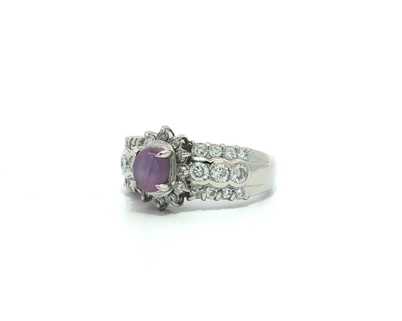 Anello in platino con zaffiro viola a stella cabochon e diamante a 3 file da 2,3 carati in vendita 4