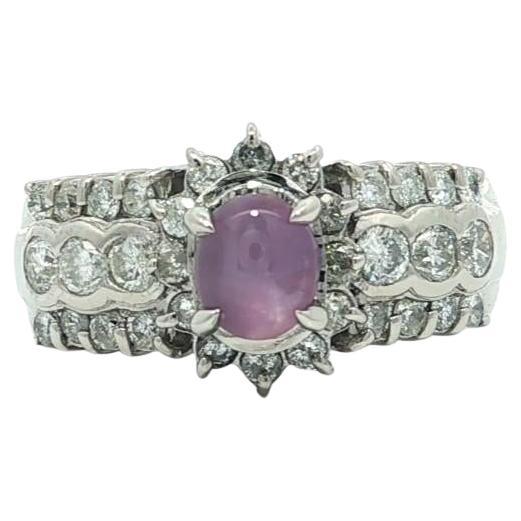 Bague en platine 2.3ctw Cabochon Purple Star Sapphire w/ Diamond 3 Row Band Ring