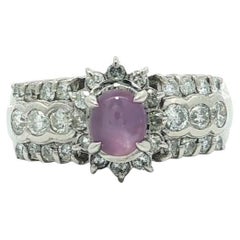 Platinum 2.3ctw Cabochon Purple Star Sapphire w/ Diamond 3 Row Band Ring