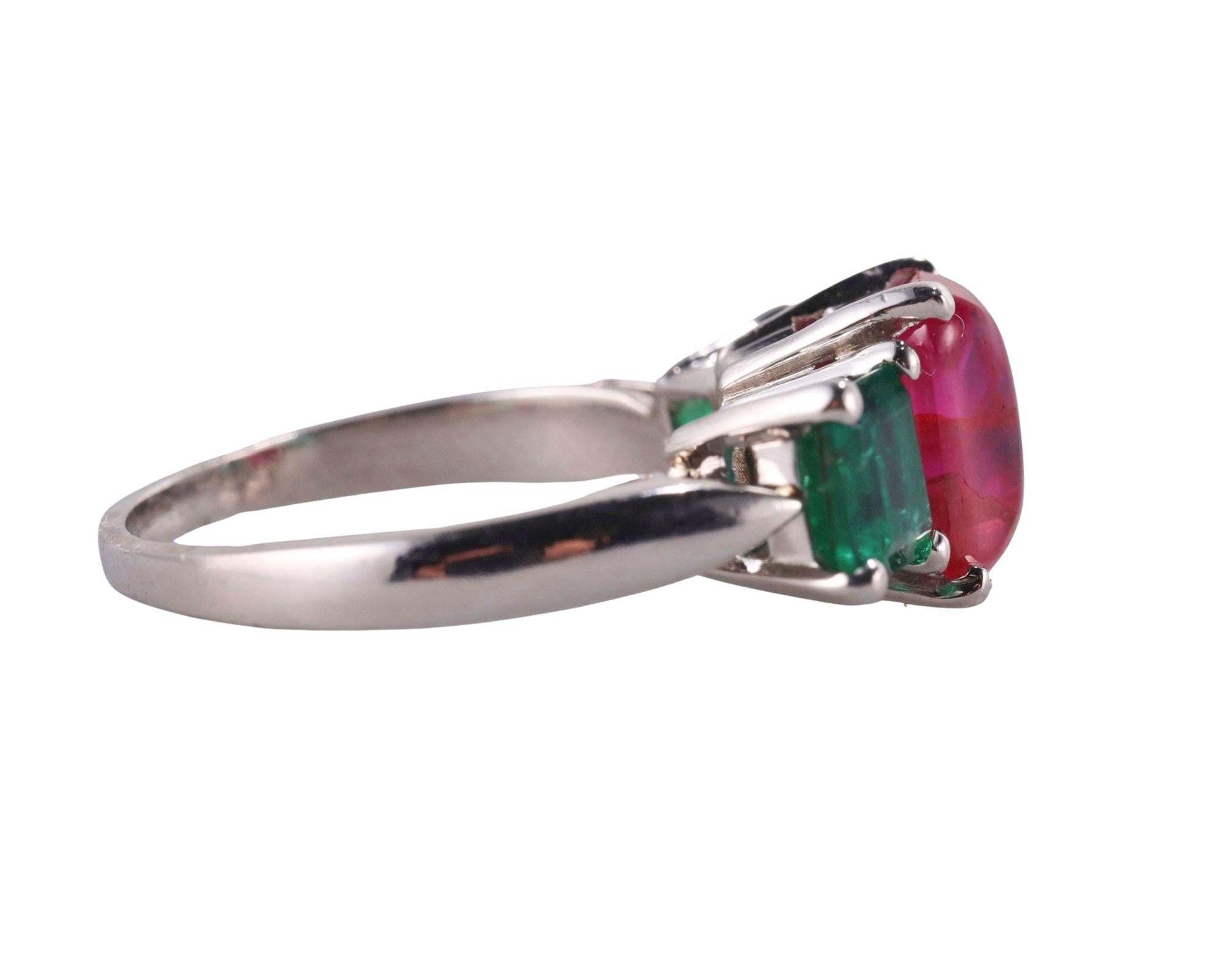 Emerald Cut Platinum 2.40ct Ruby Emerald 3 Stone Ring For Sale