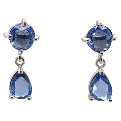 Platinum 2.41carat tw Round and Pear Shaped Sapphire Dangle Drop Earrings