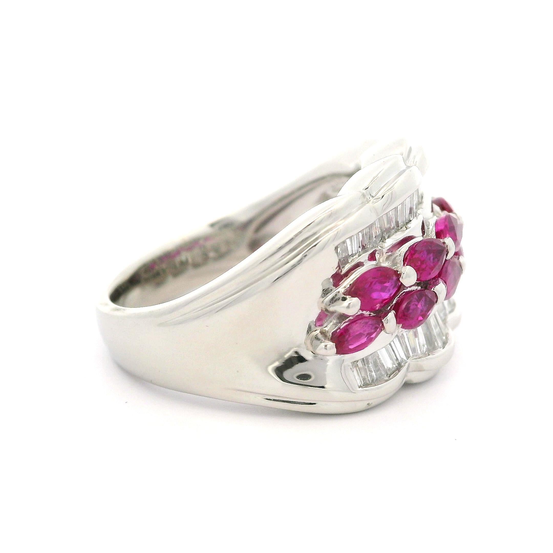 Marquise Cut Platinum 2.41ct Marquise Ruby & Baguette Diamond Scalloped 13.9mm Wide Band Ring For Sale