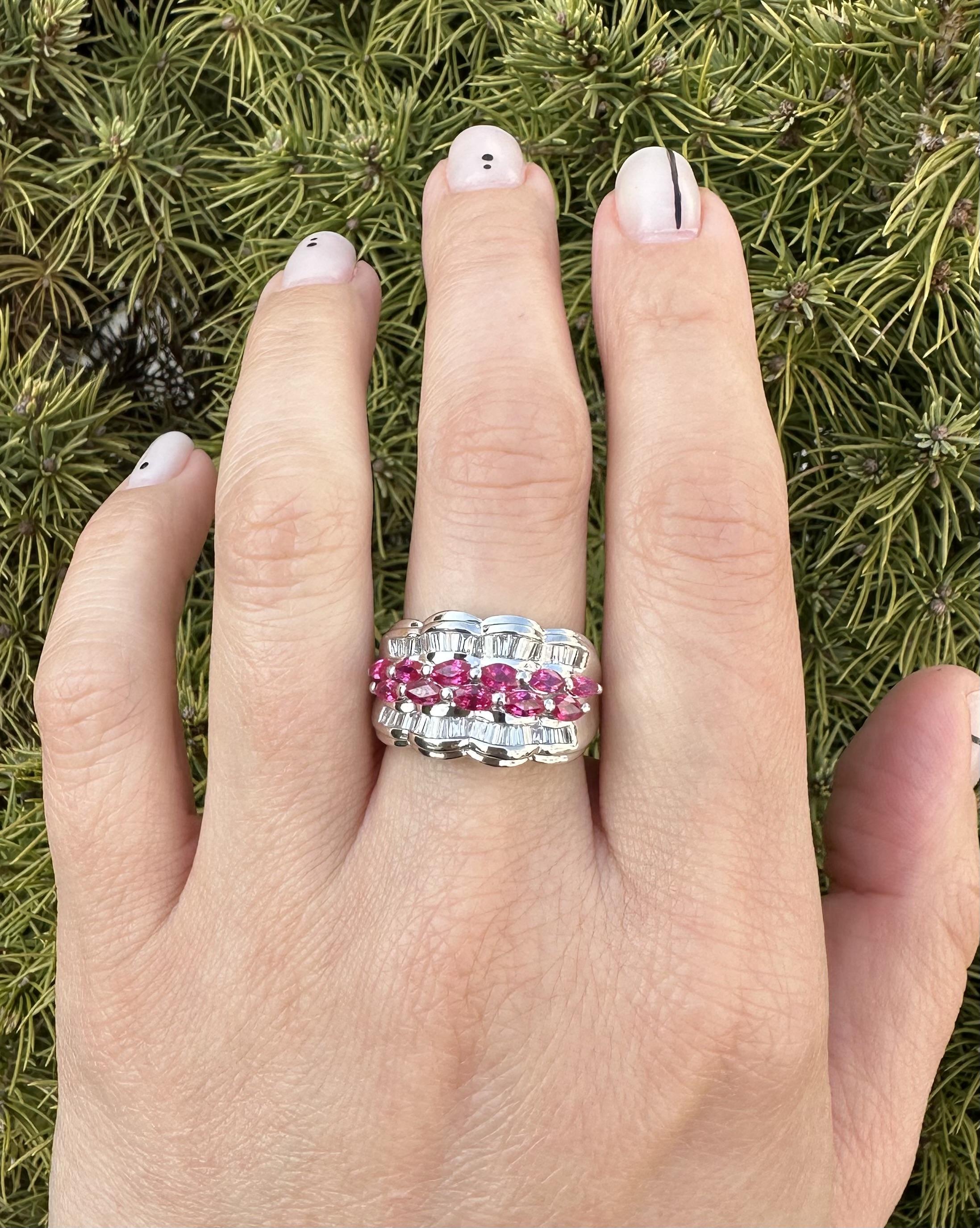 Platinum 2.41ct Marquise Ruby & Baguette Diamond Scalloped 13.9mm Wide Band Ring In Excellent Condition For Sale In Montclair, NJ