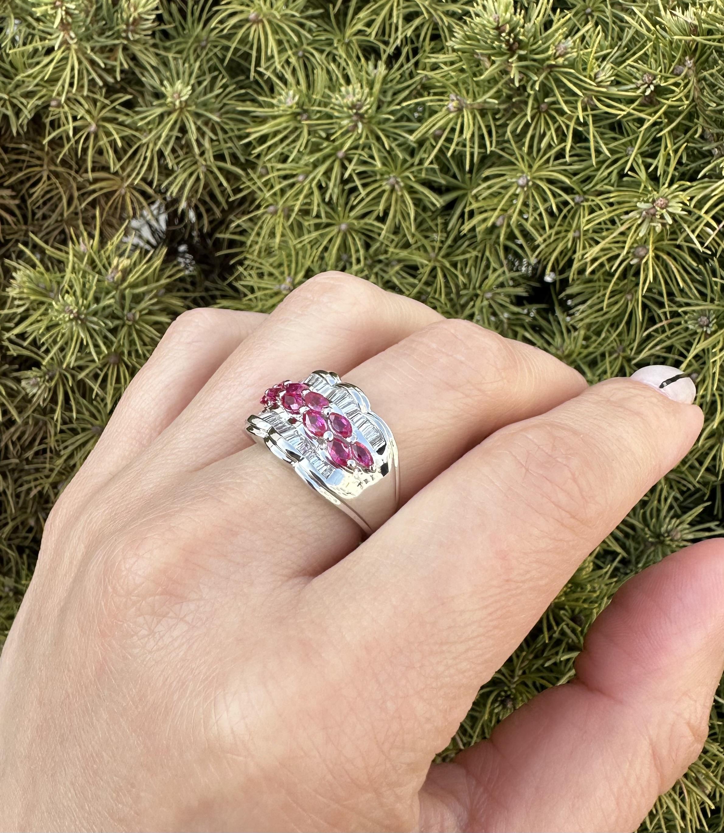 Women's Platinum 2.41ct Marquise Ruby & Baguette Diamond Scalloped 13.9mm Wide Band Ring For Sale