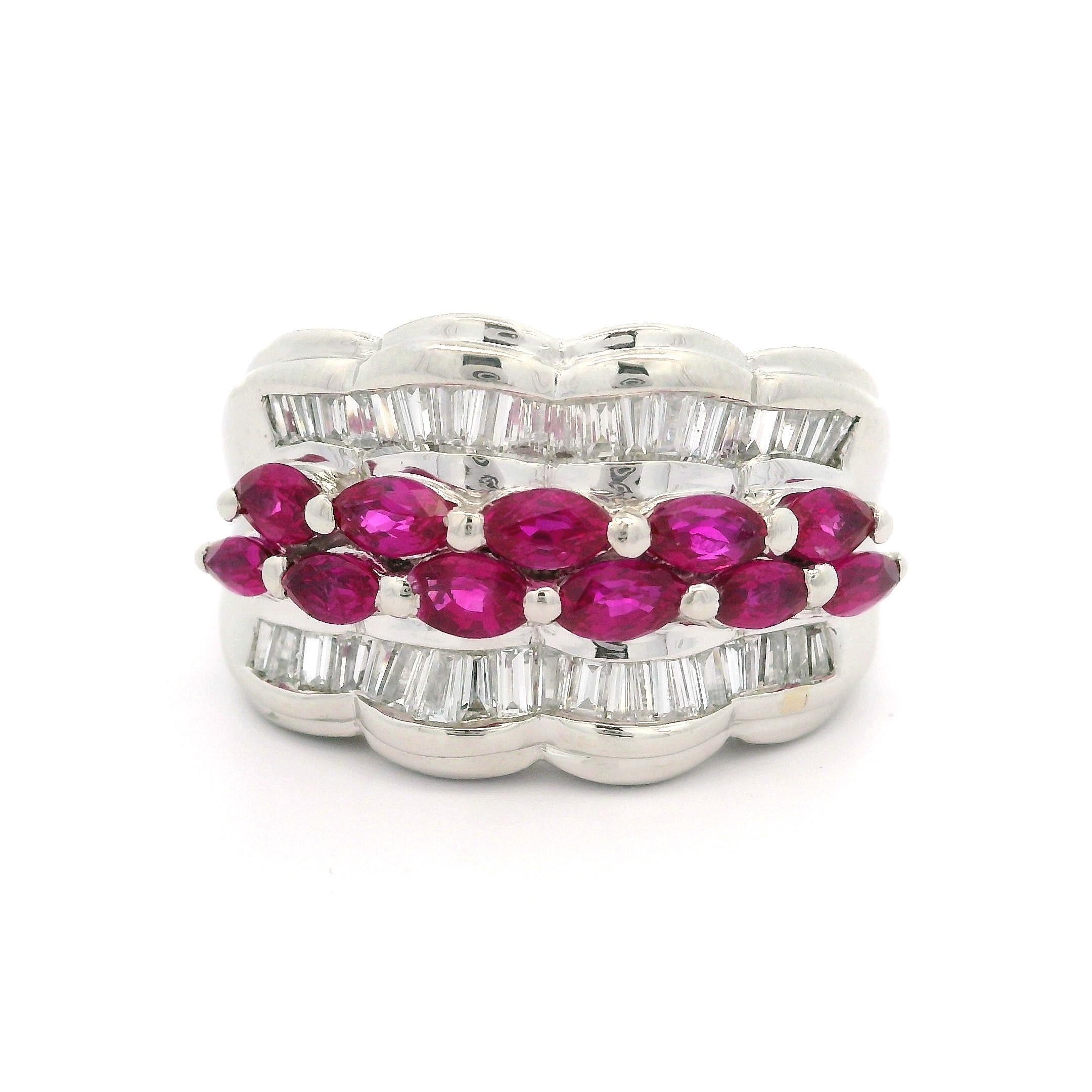 Platinum 2.41ct Marquise Ruby & Baguette Diamond Scalloped 13.9mm Wide Band Ring For Sale 1