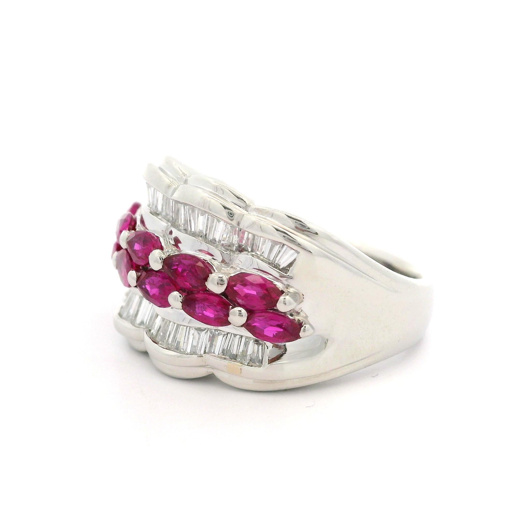 Platinum 2.41ct Marquise Ruby & Baguette Diamond Scalloped 13.9mm Wide Band Ring For Sale 2