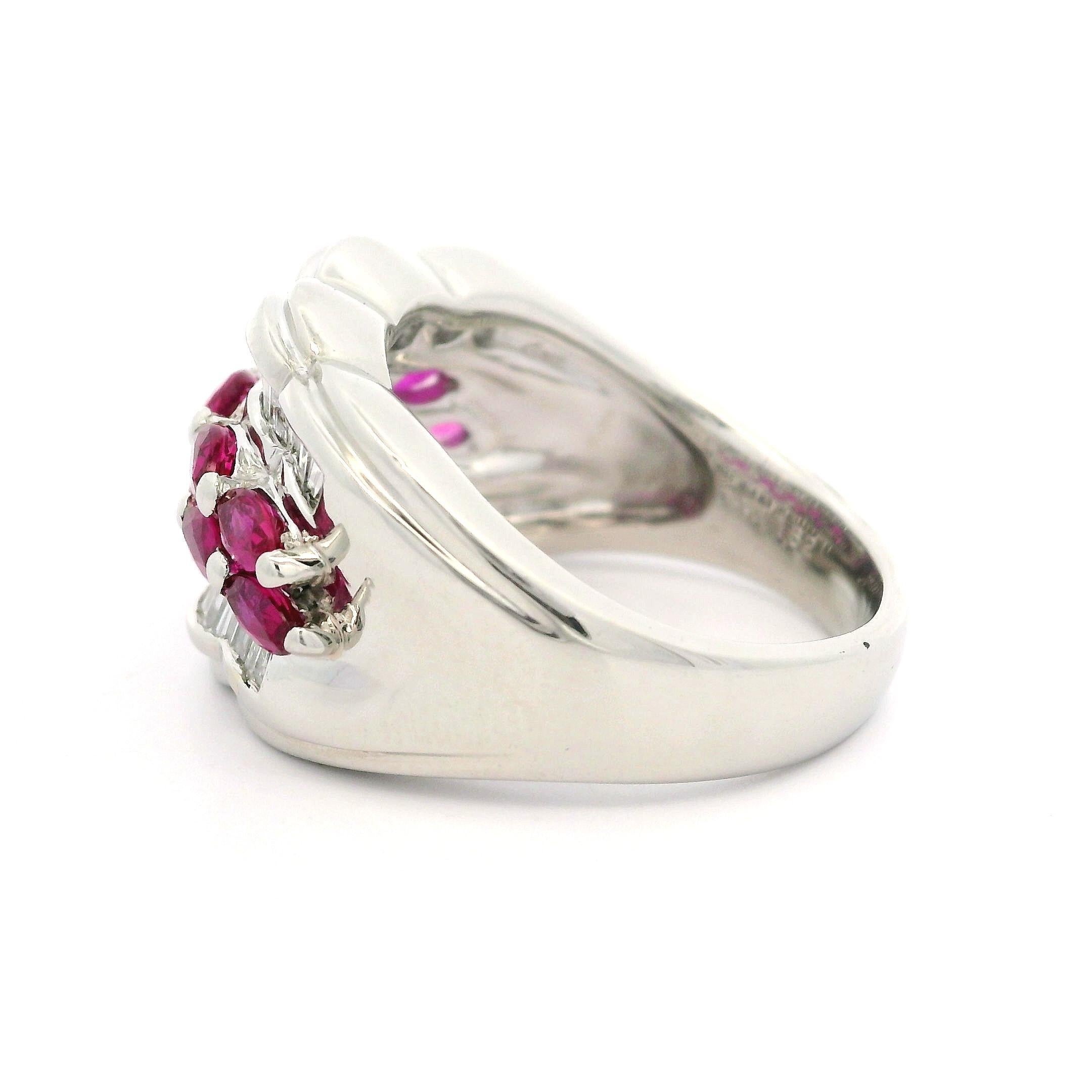 Platinum 2.41ct Marquise Ruby & Baguette Diamond Scalloped 13.9mm Wide Band Ring For Sale 3