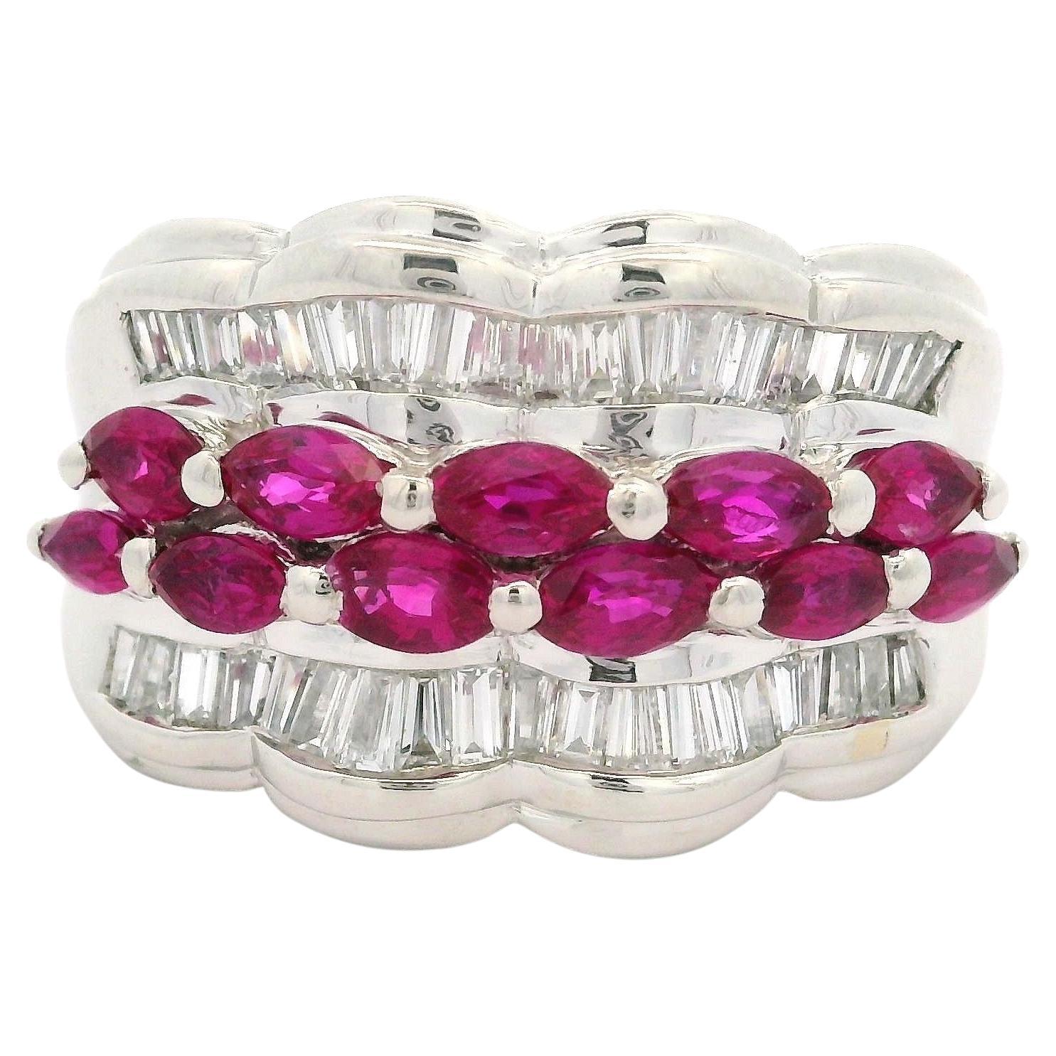 Platinum 2.41ct Marquise Ruby & Baguette Diamond Scalloped 13.9mm Wide Band Ring