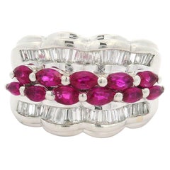 Platinum 2.41ct Marquise Ruby & Baguette Diamond Scalloped 13.9mm Wide Band Ring