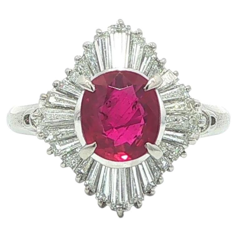 Platinum 2.41ctw GIA Vivid Red Ruby Diamond Ballerina Statement Ring