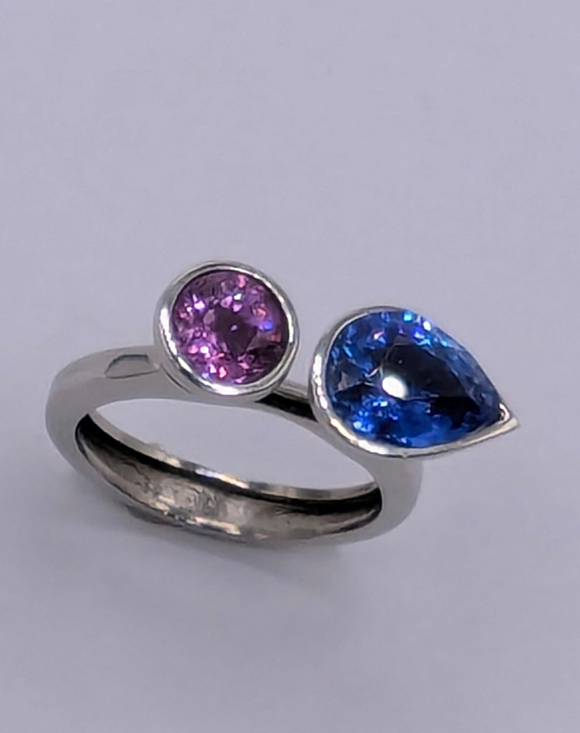 Pear Cut Platinum 2.43 Carat Blue Sapphire 1.08 Carat Lavender Sapphire Ring For Sale