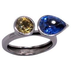 Platinum 2.43 Carat Blue Sapphire and 1.06 Carat Yellow Sapphire Sculpture Ring