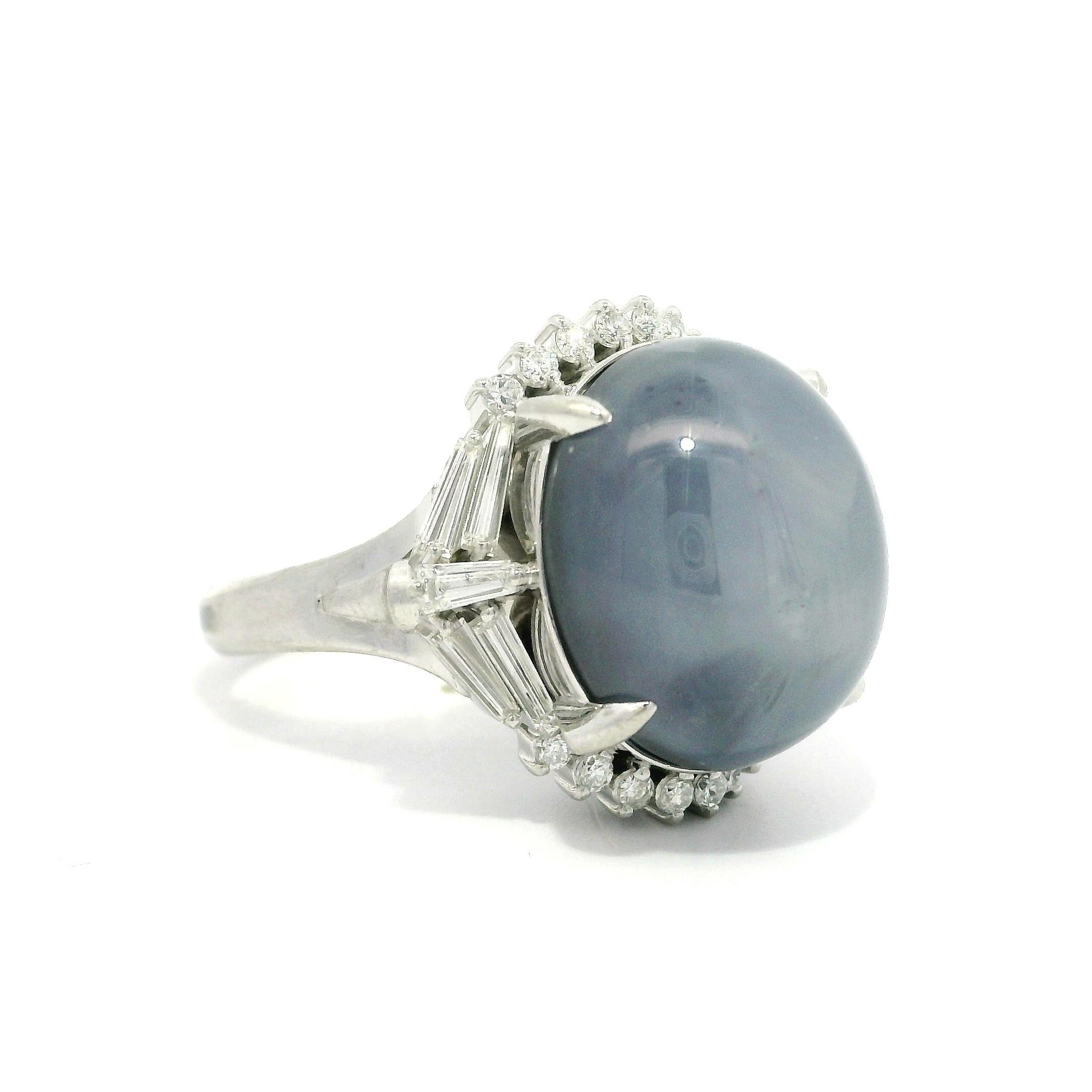 Platinum 24.44ctw Large Star Sapphire Unique Baguette Diamond Statement Ring For Sale 6