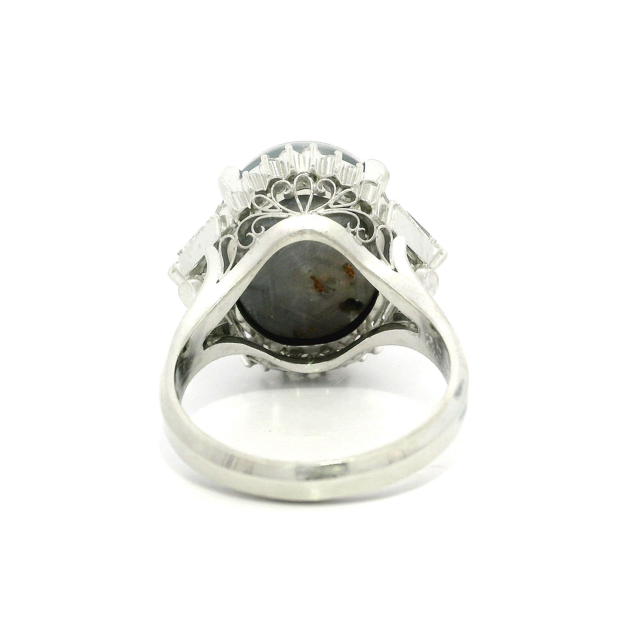 Platinum 24.44ctw Large Star Sapphire Unique Baguette Diamond Statement Ring For Sale 9