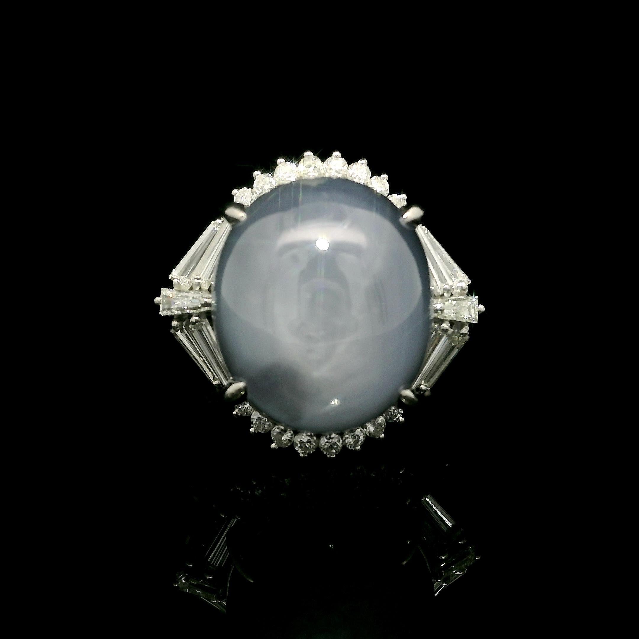 Platinum 24.44ctw Large Star Sapphire Unique Baguette Diamond Statement Ring For Sale 10