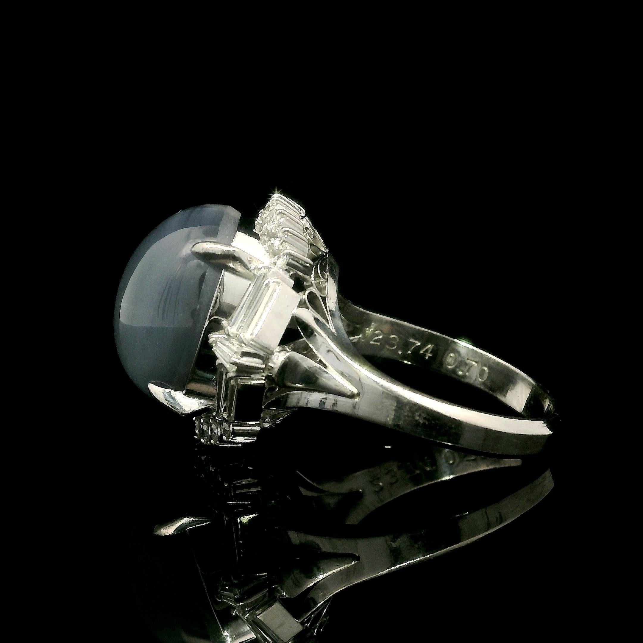 Cabochon Platinum 24.44ctw Large Star Sapphire Unique Baguette Diamond Statement Ring For Sale