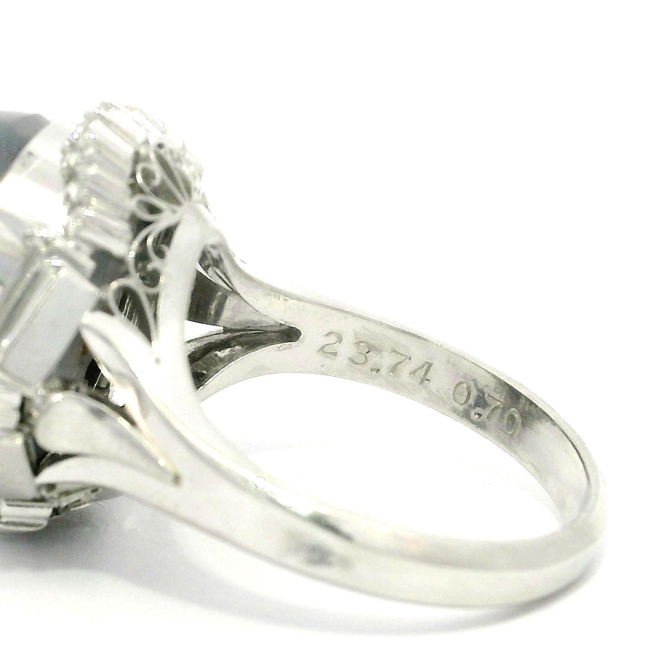 Platinum 24.44ctw Large Star Sapphire Unique Baguette Diamond Statement Ring In Excellent Condition For Sale In Montclair, NJ