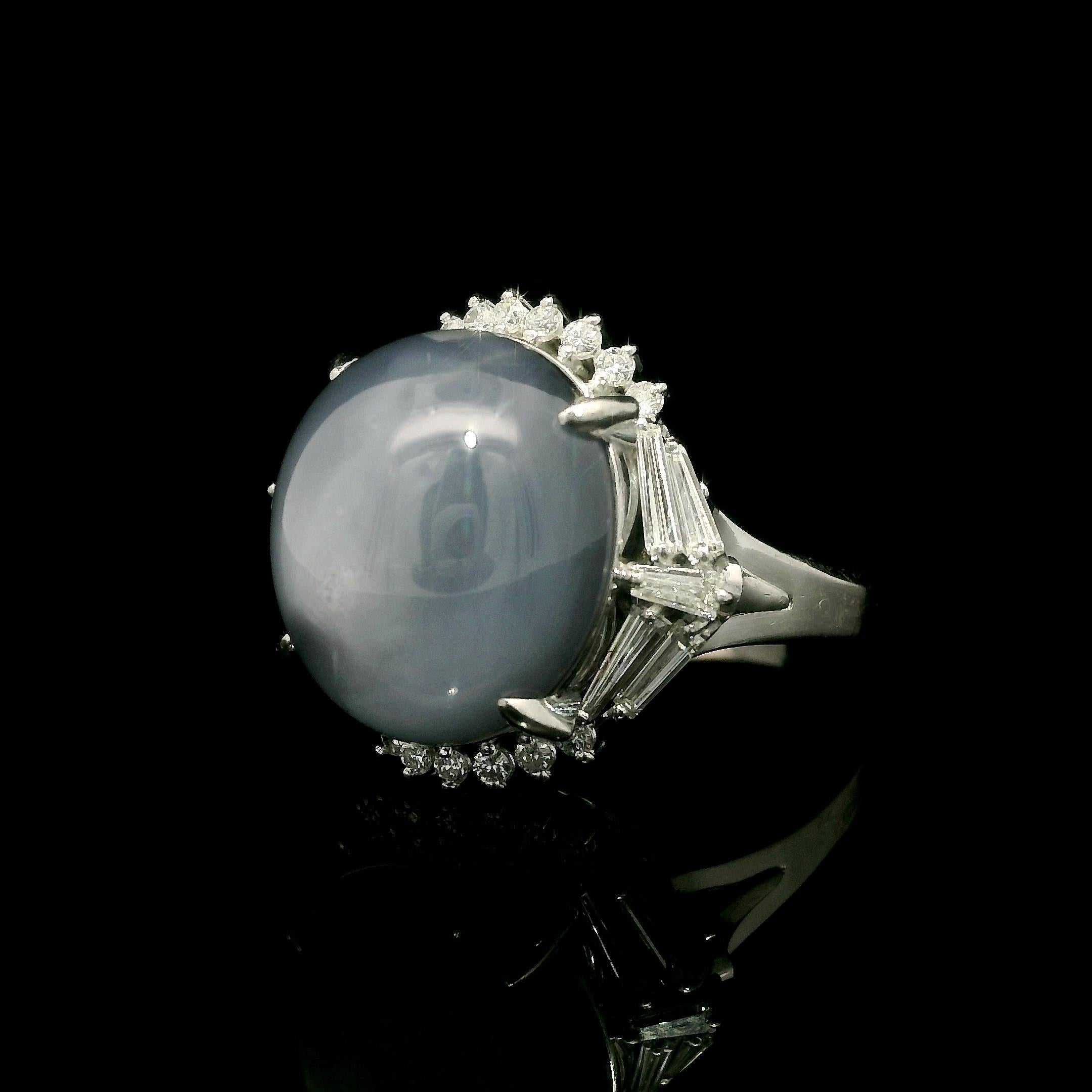 Platinum 24.44ctw Large Star Sapphire Unique Baguette Diamond Statement Ring For Sale 1