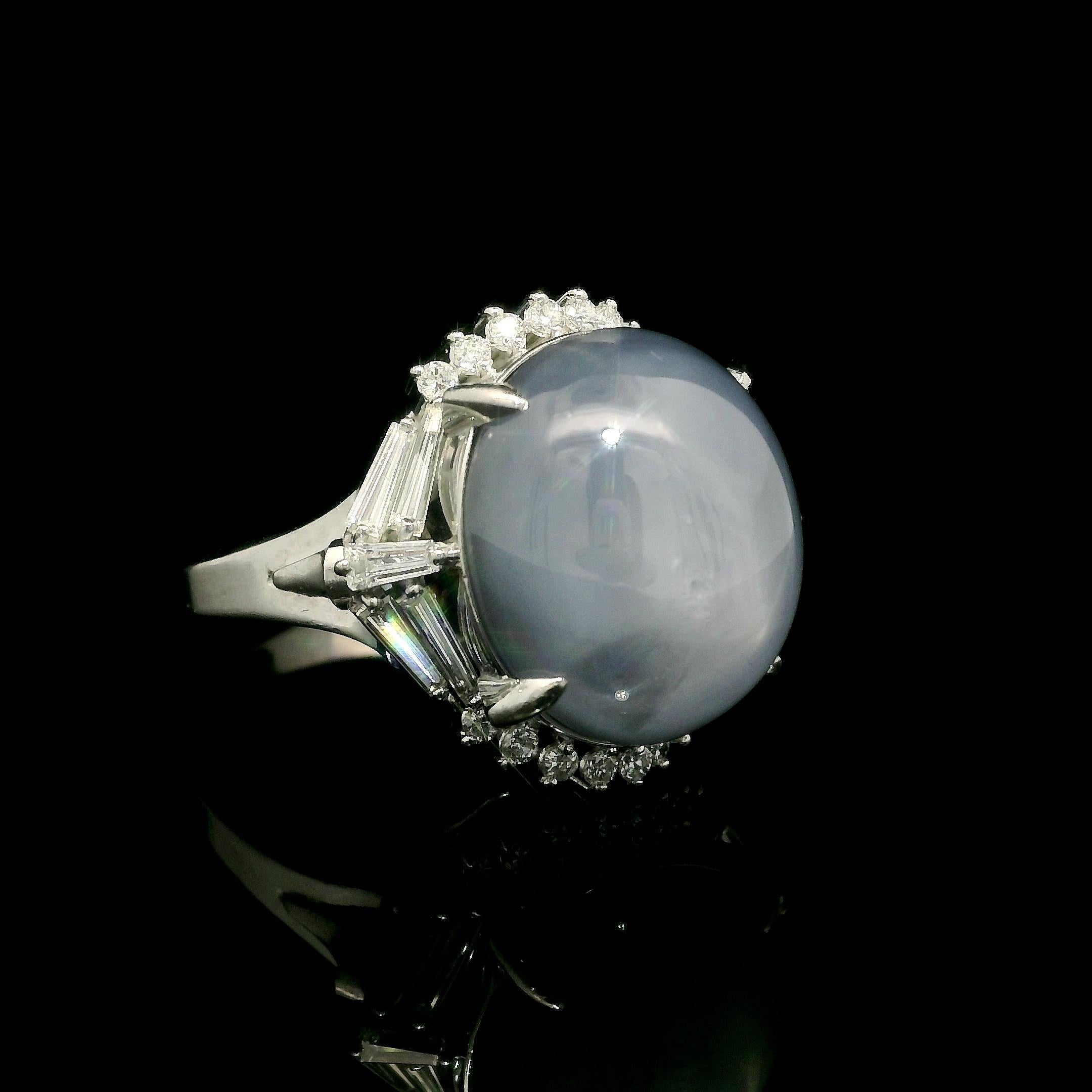 Platinum 24.44ctw Large Star Sapphire Unique Baguette Diamond Statement Ring For Sale 2