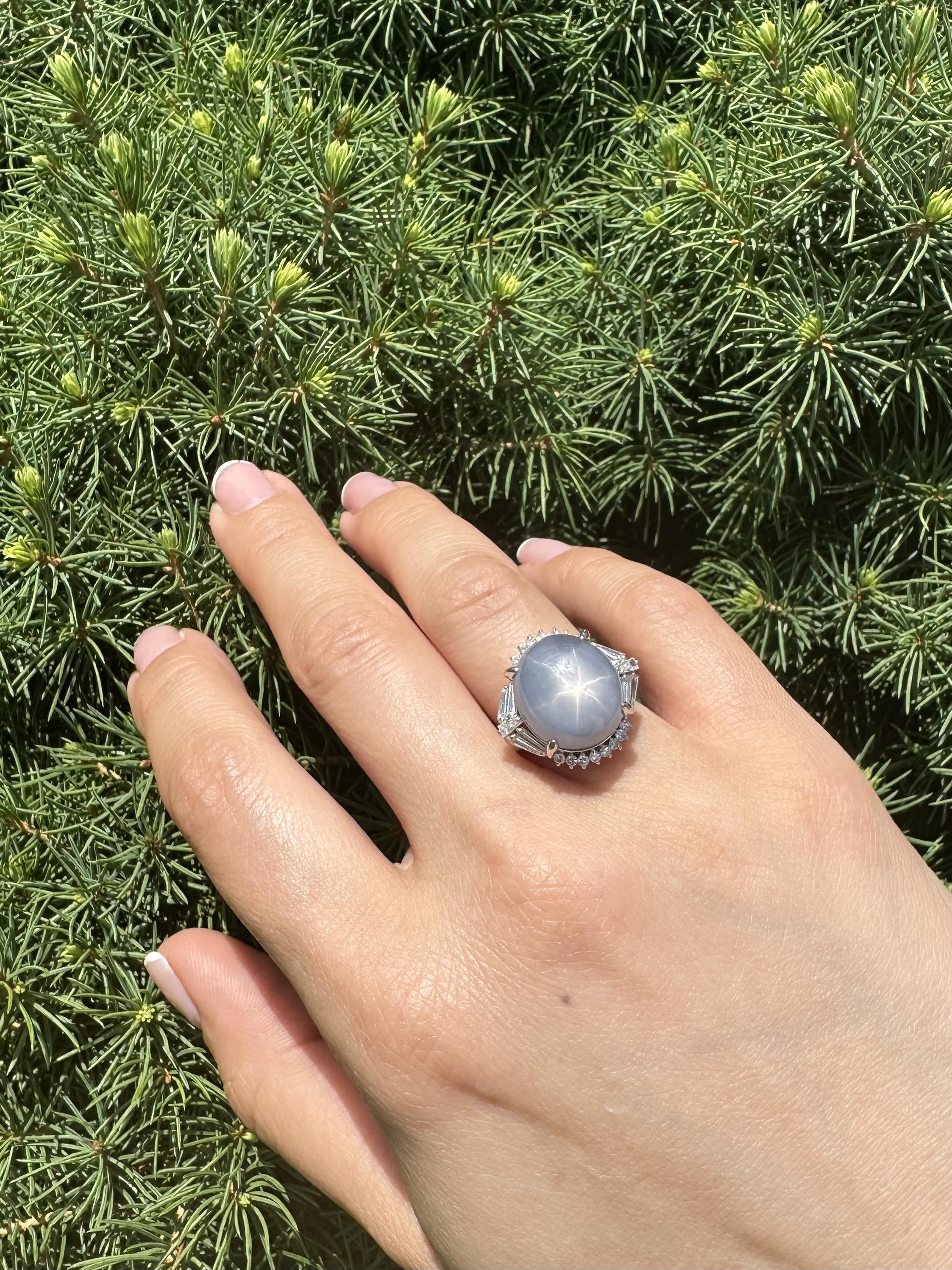 Platinum 24.44ctw Large Star Sapphire Unique Baguette Diamond Statement Ring For Sale 3