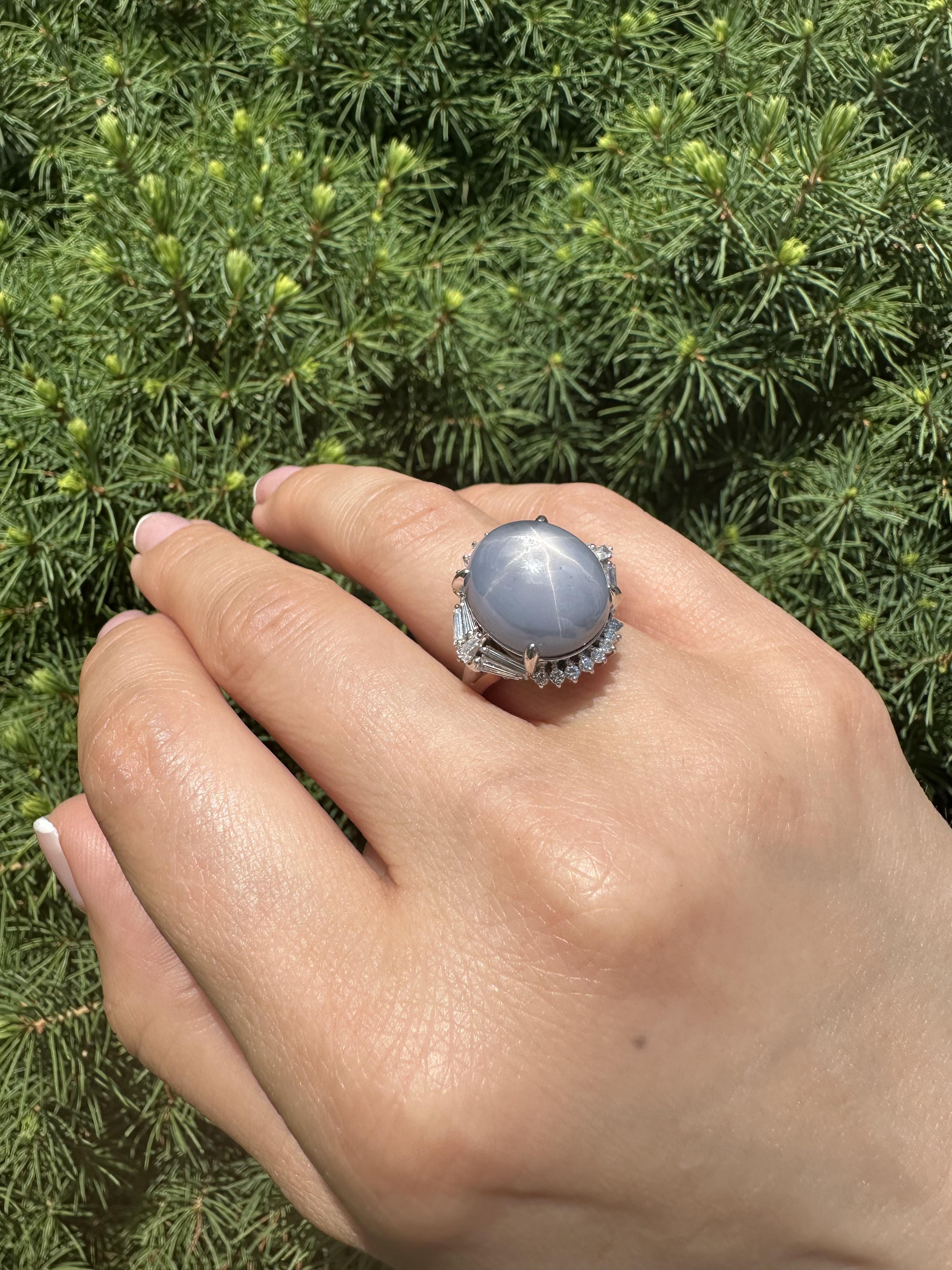 Platinum 24.44ctw Large Star Sapphire Unique Baguette Diamond Statement Ring For Sale 4