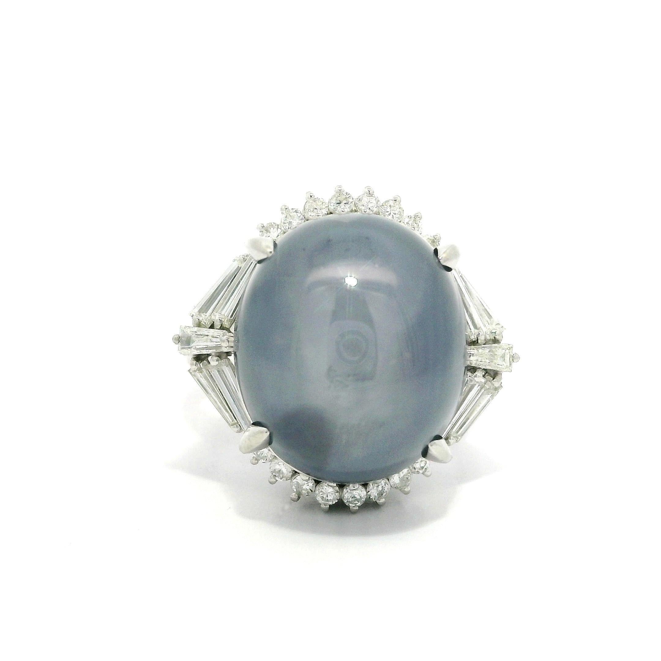 Platinum 24.44ctw Large Star Sapphire Unique Baguette Diamond Statement Ring For Sale