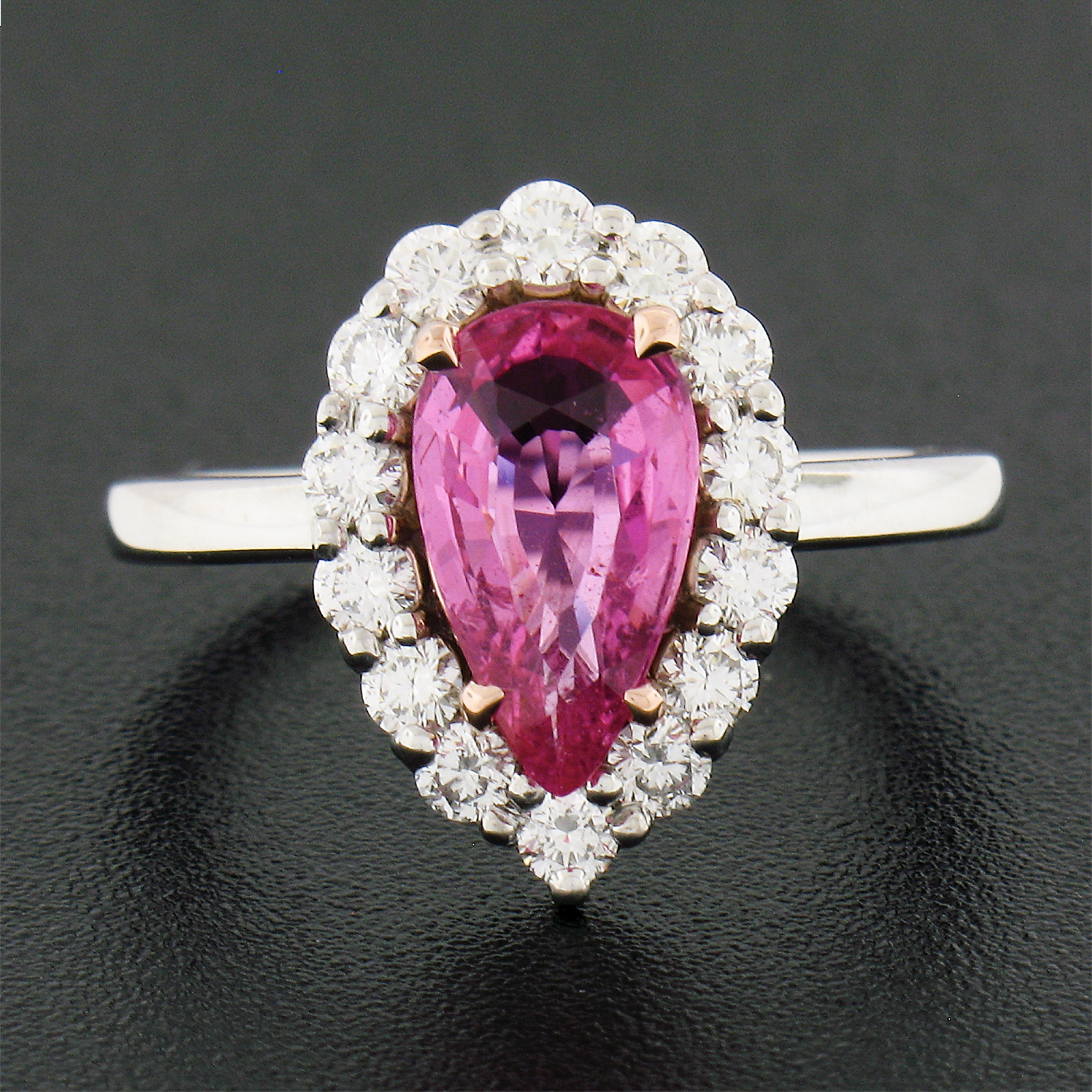 Pear Cut Platinum 2.46ctw Gia Pear Pink Sapphire & Diamond Halo Engagement Cocktail Ring For Sale
