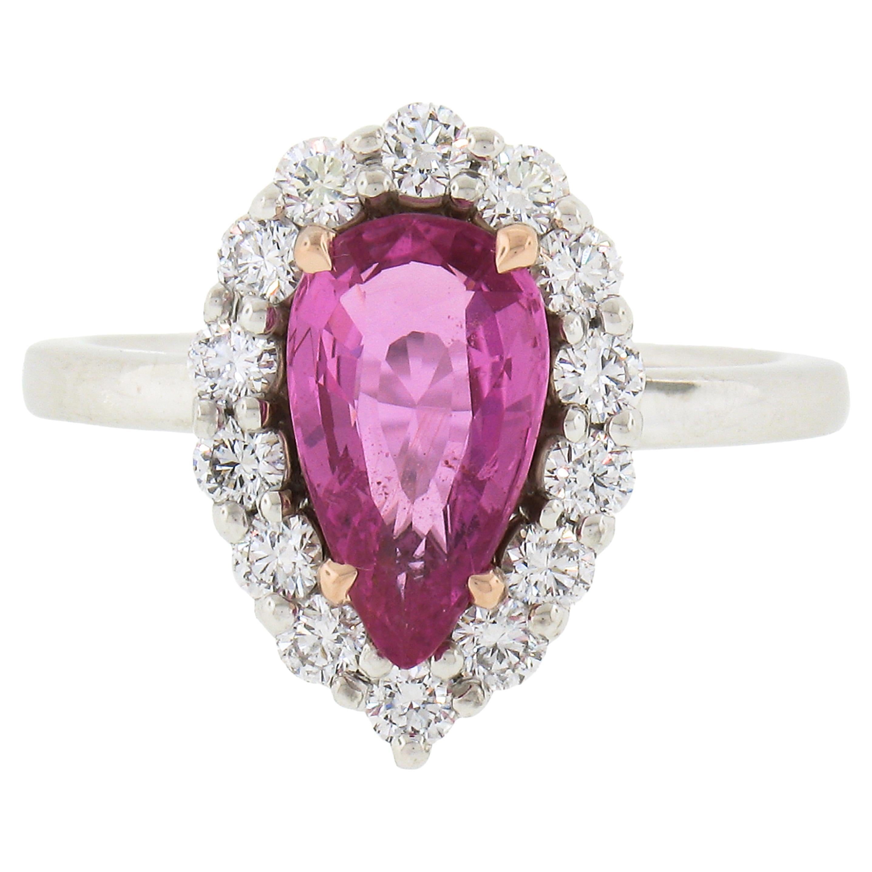 Platinum 2.46ctw Gia Pear Pink Sapphire & Diamond Halo Engagement Cocktail Ring For Sale