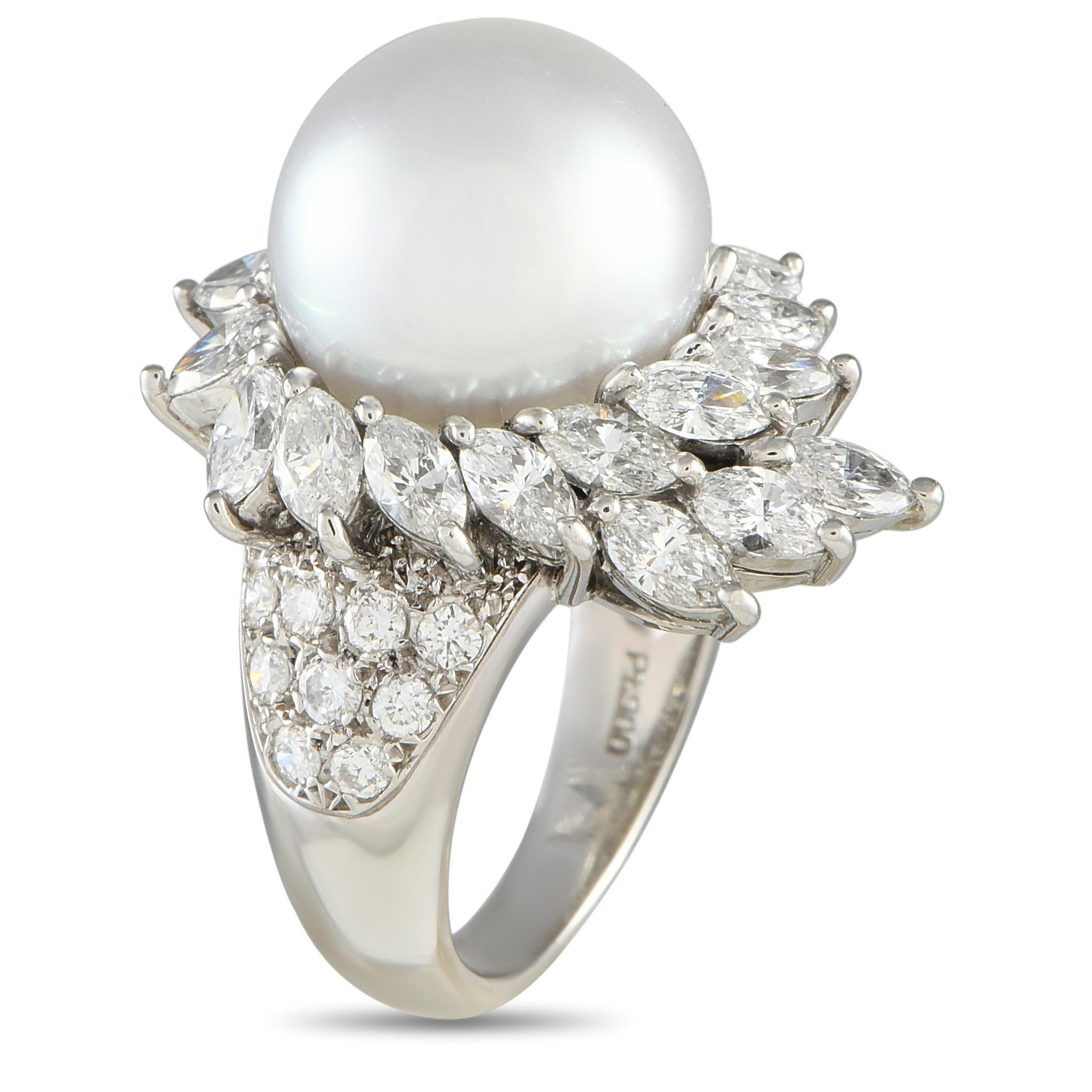 This luxury ring is unlike anything you have seen before. The dynamic Platinum setting effortlessly catches the light thanks to Diamonds with a total weight of 2.47 carats. At the center, a singular Pearl offers an elegant alternative to a