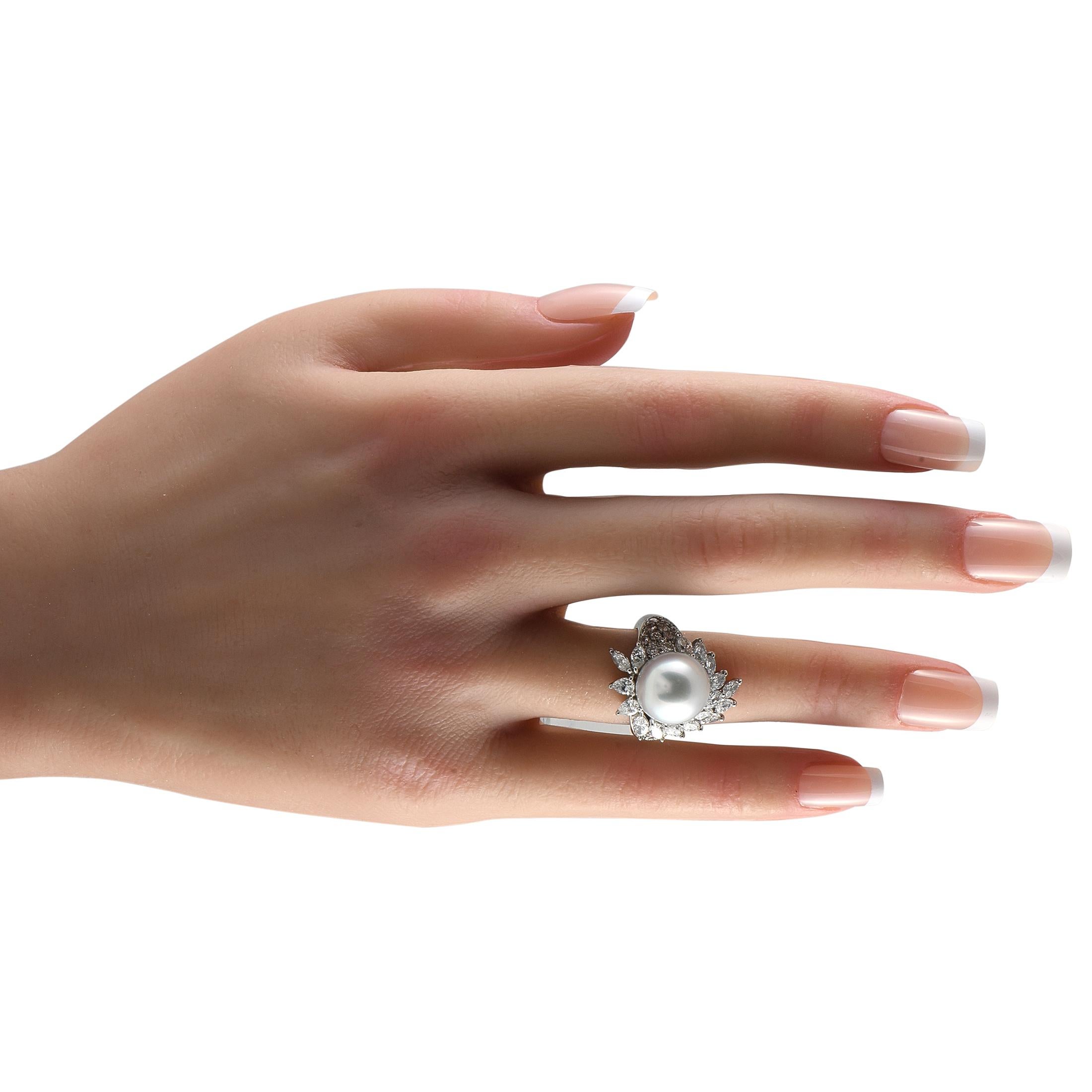 Marquise Cut Platinum 2.47ct Diamond and Pearl Ring For Sale