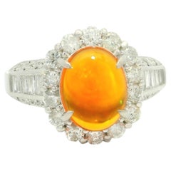 Platinum 2.48ctw Oval Orange Jelly Opal Bageutte & Round Diamond Modern Ring