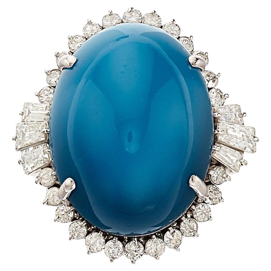 Platinum 25 Carat Turquoise Solitaire Ring with 1.10 Carat Diamonds, Size 6.25 For Sale