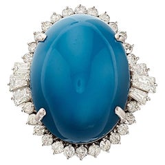 Platinum 25 Carat Turquoise Solitaire Ring with 1.10 Carat Diamonds, Size 6.25